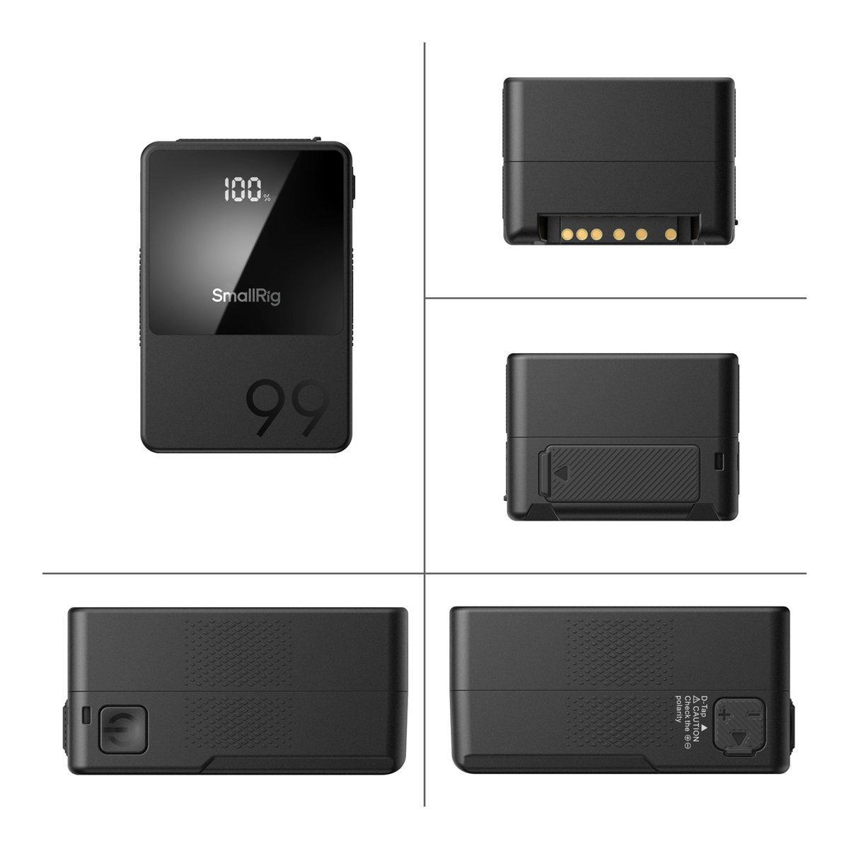 SmallRig 3580B VB99 mini V-Mount Akku - SmallRig Akku: Detailansicht des schwarzen Akkus aus verschiedenen Blickwinkeln mit Display, Anschlüssen und Kontaktpins.
