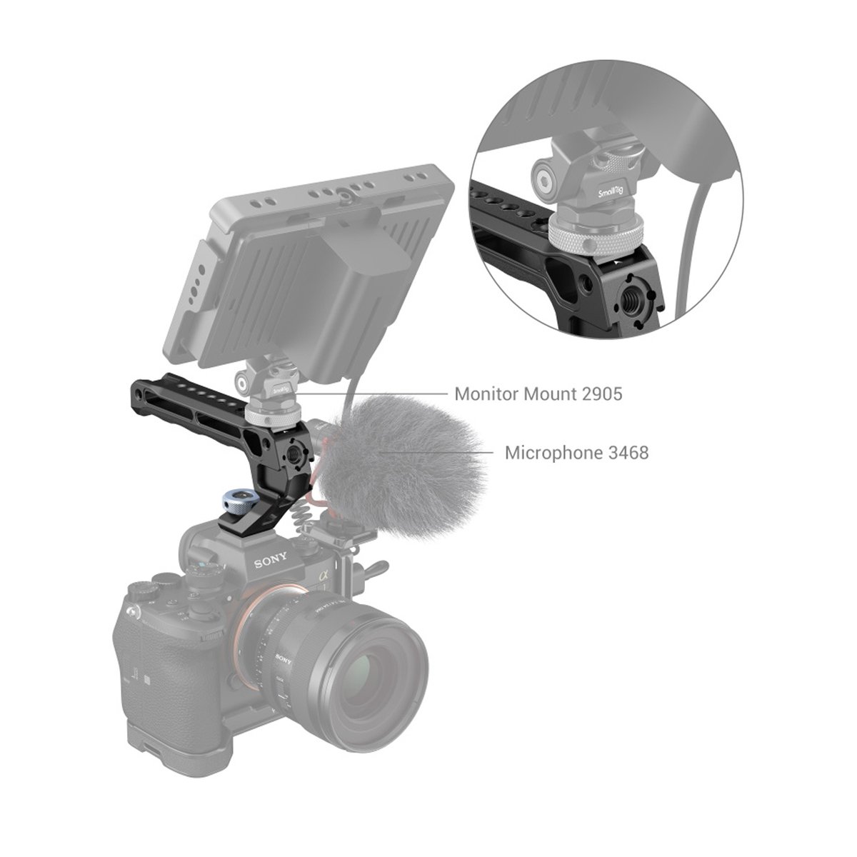 SmallRig 3764 Top Handle mit Cold Shoe Lite - Anwendungsbeispiel: SmallRig Monitorhalterung 2905 und Mikrofon 3468 an Kamerarig mit Detailansicht der Halterung.