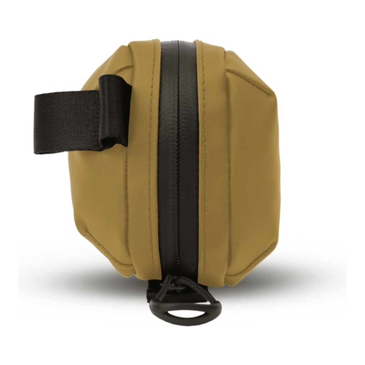 WANDRD Tech Bag Small Dallol Yellow - Seitenansicht: beige Tasche mit schwarzem Reißverschluss, Tragschlaufe und D-Ring.