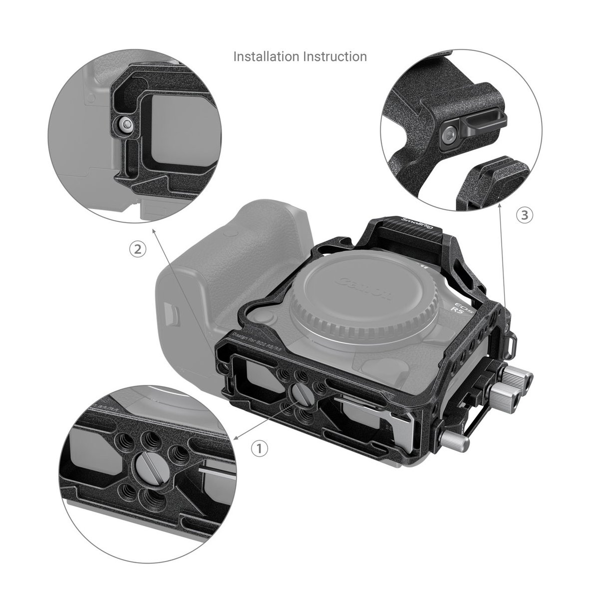 SmallRig 3656 Black Mamba Halbkäfig & Kabelklemme f. Canon EOS R5/R6/R5 C - Installationsanleitung des Kamera-Cages mit Detailansichten der Befestigungspunkte