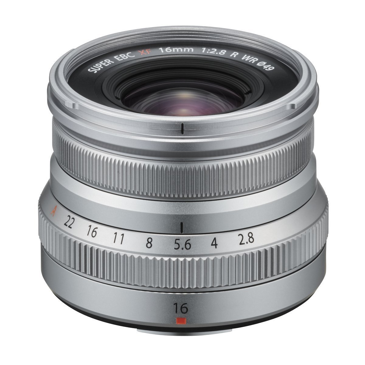 FUJIFILM FUJINON XF 2,8/16 mm R WR silb. Objektiv - Silbernes Kameraobjektiv Frontansicht 3/4