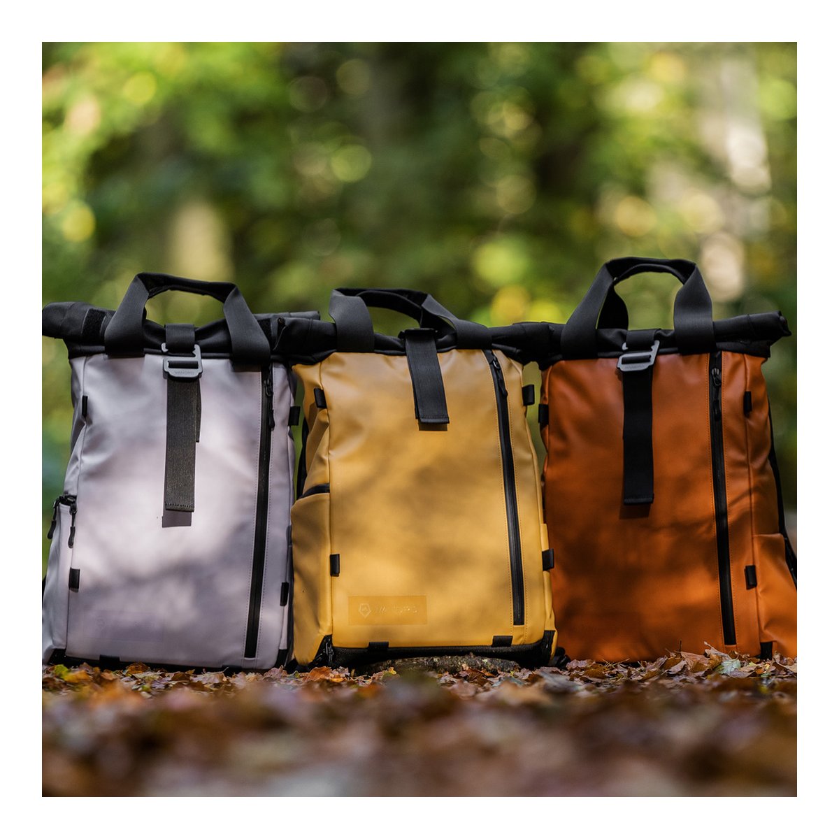 WANDRD PRVKE Lite 11-Liter Dallol Yellow - Frontansicht: Drei Roll-Top Rucksäcke in Grau, Gelb und Orange nebeneinander auf Herbstlaub.