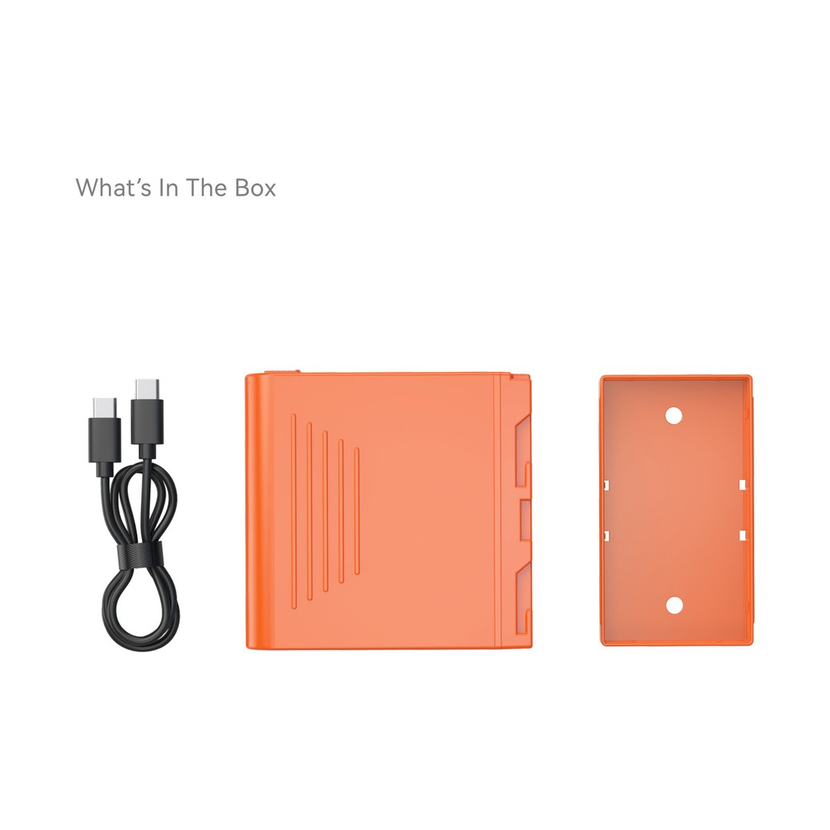 SmallRig 4972 NP-F970 USB-C Rechargeable Camera Battery (Orange) - Lieferumfang: USB-C Kabel, orangefarbenes Gerät und orangefarbene Hülle.