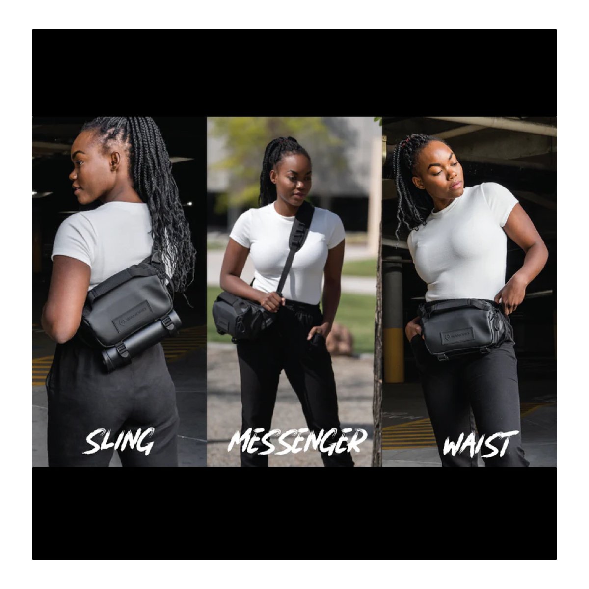 WANDRD ROGUE Sling 3L Black - Anwendungsbeispiel: Schwarze Tasche in den Tragevarianten Sling, Messenger und Waist.