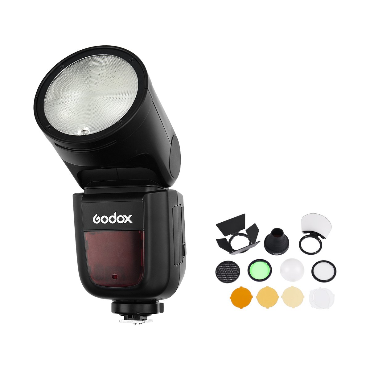 Godox Speedlite V1 Fuji Accessories Kit - Lieferumfang: Godox Blitzgerät und diverses Zubehör wie Farbfilter und Aufsätze