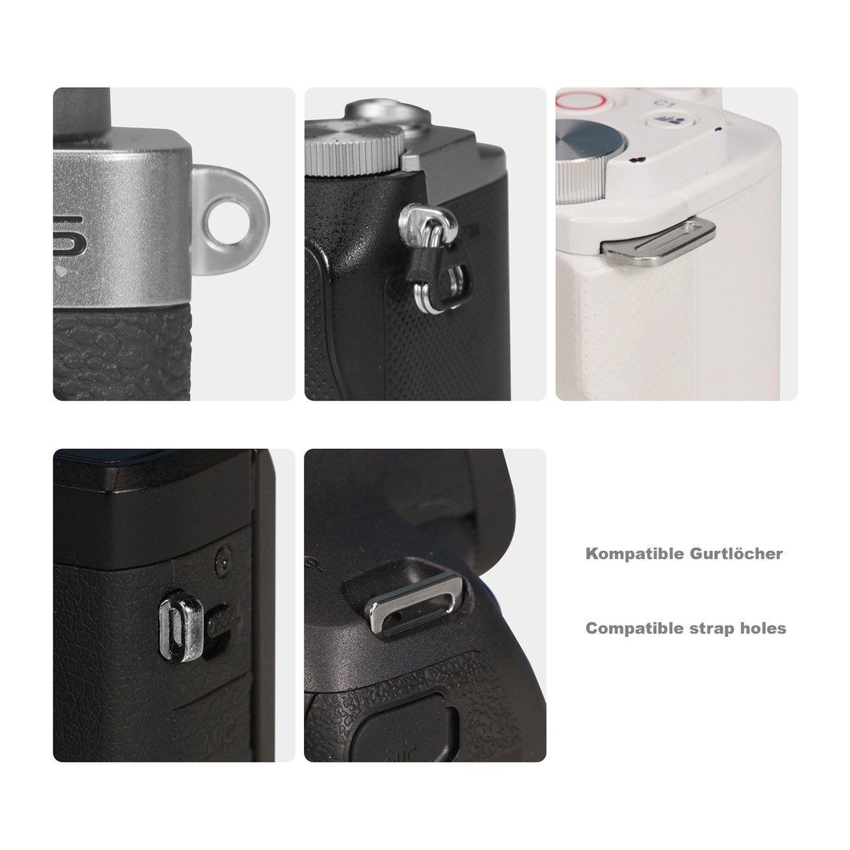 SmallRig 3926 Universal Vintage Wrist Strap, Handschlaufe für Fujifilm X-T5 - Detailansicht: Kompatible Gurtlöcher an verschiedenen Kameras