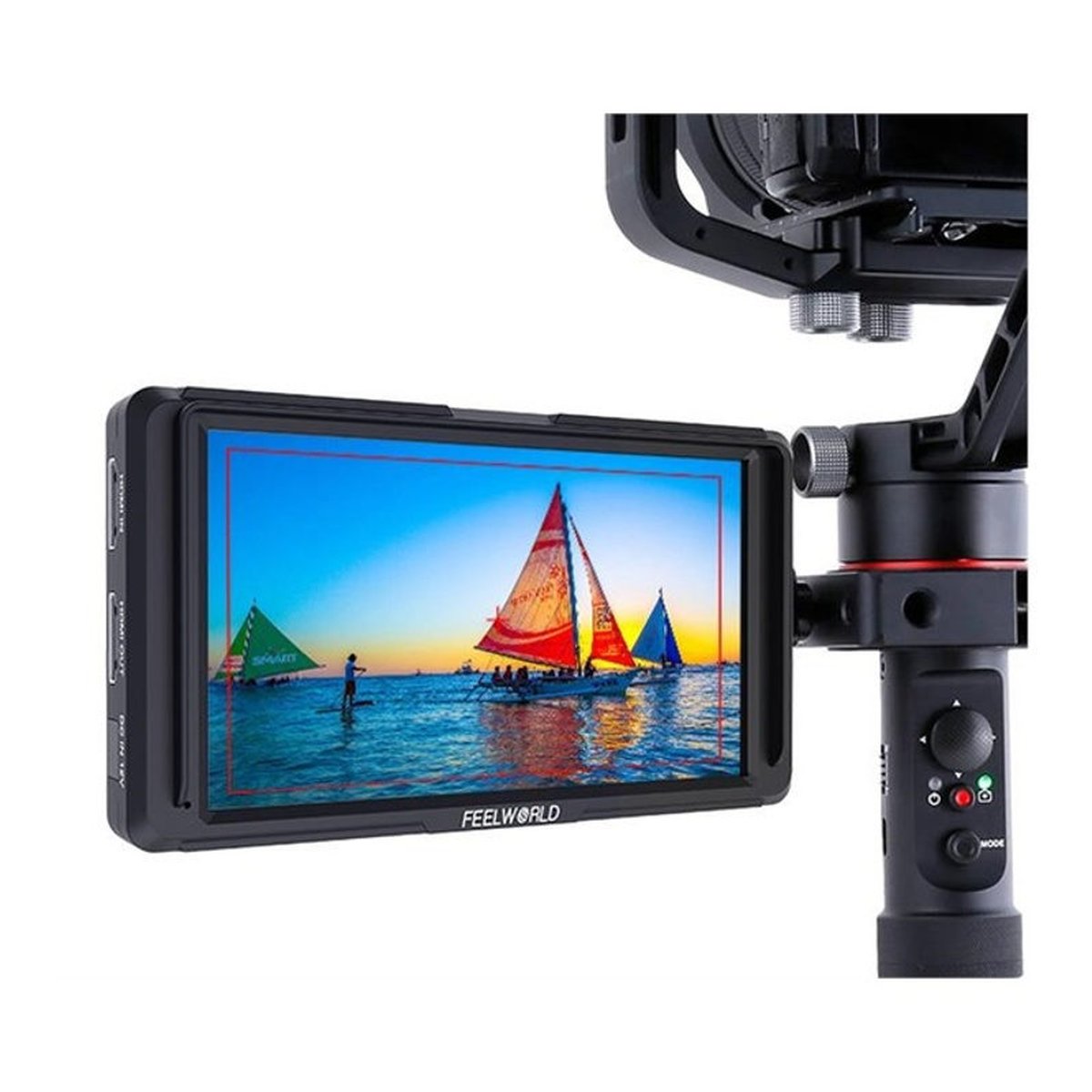 Feelworld 5.0" F5 monitor HDMI Loop Monitor 4K - Anwendungsbeispiel des Monitors an einem Kamerarig mit Bildanzeige.