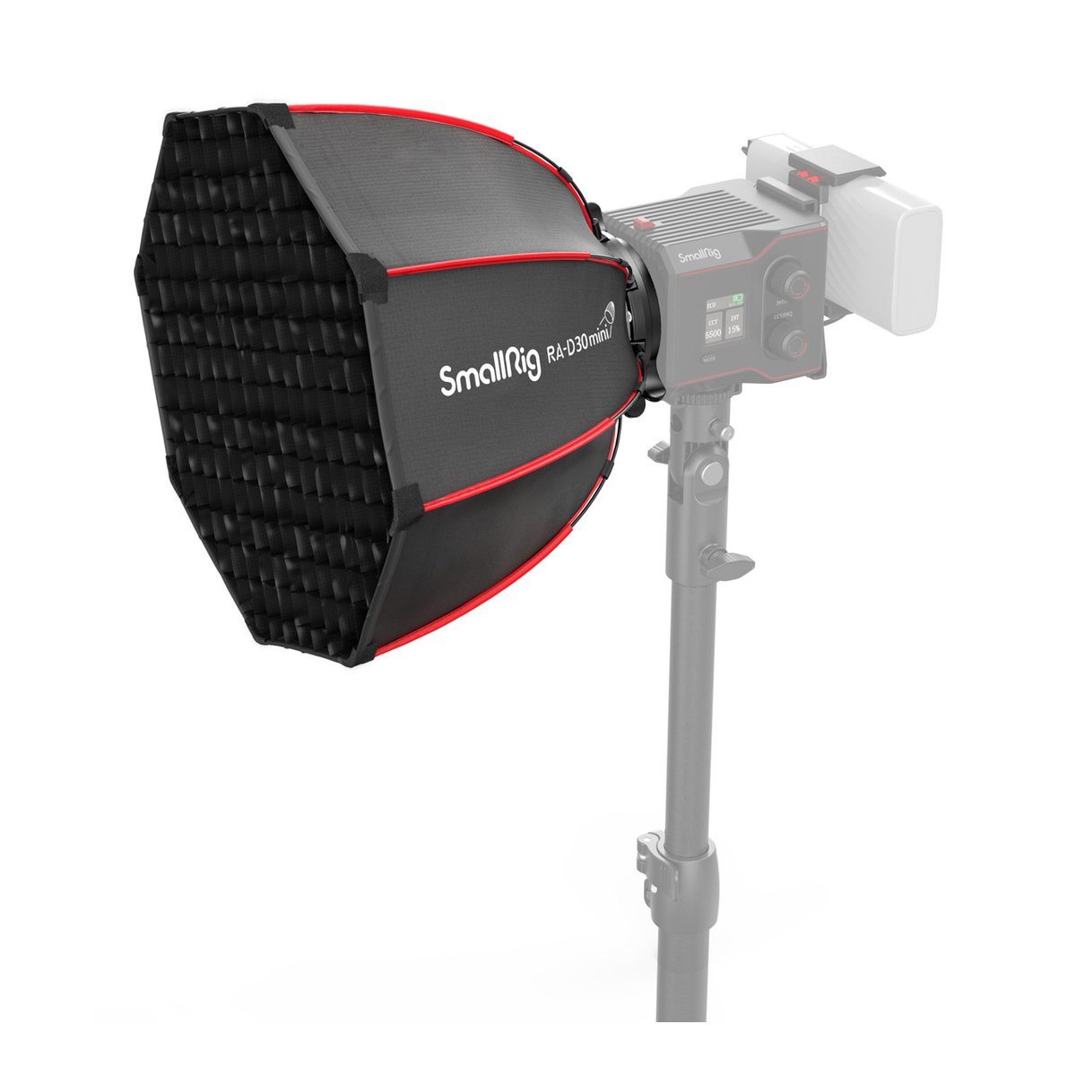 SmallRig 4358 RA-D30 Parabolic Softbox - Schrägansicht der SmallRig RA-D30 mini Softbox mit Wabe und LED-Leuchte