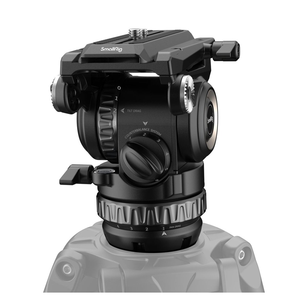 SmallRig 4287 Professioneller Fluidkopf PH8 - Detailansicht SmallRig Fluidkopf: Tilt-, Pan- & Gegengewichtsregler sichtbar.