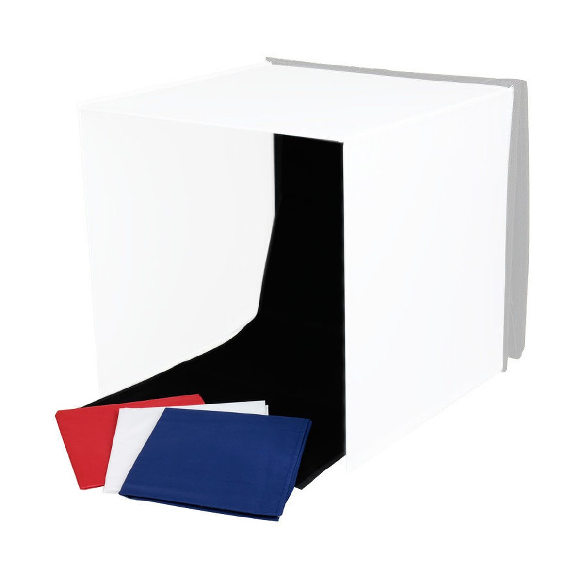 Caruba Hintergrundset tragbares Fotostudio 50x50x50cm - Lieferumfang: Weiße Lichtbox mit schwarzem Hintergrund und roten, weißen, blauen Tüchern.