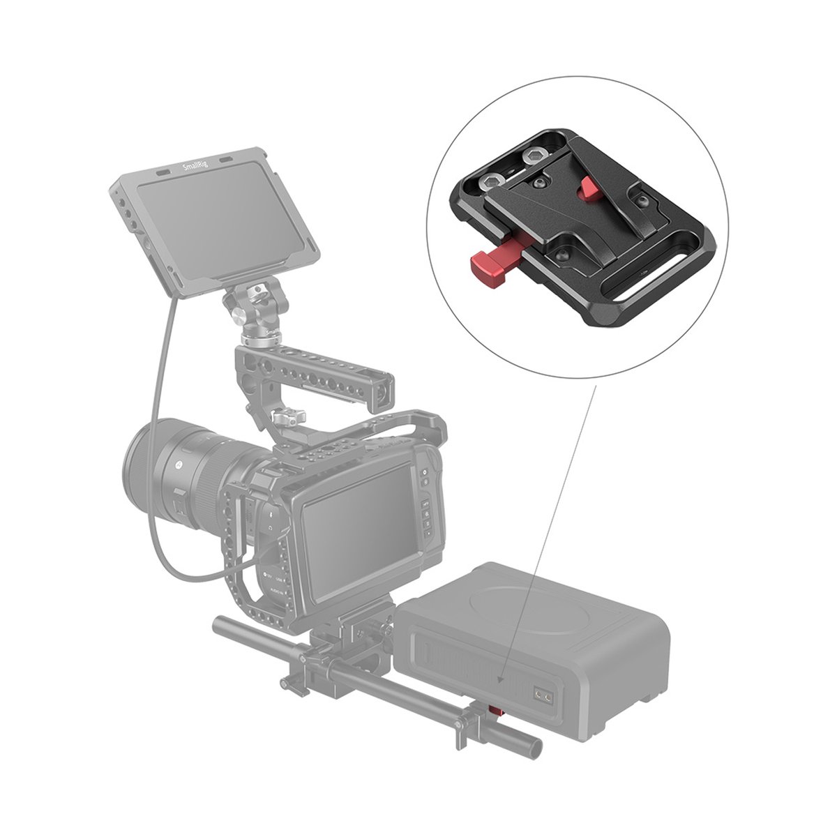 SmallRig 2987 Mini V-Mount Battery Plate Batterieadapter-Platte - DETAILANSICHT SCHNELLWECHSELPLATTE MIT ROTEM HEBEL; POSITION AM KAMERARIG
