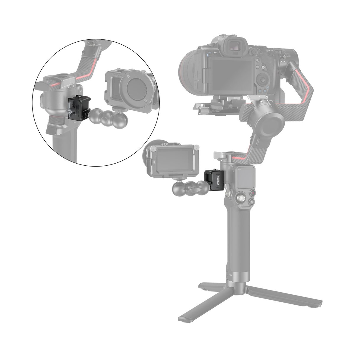 SmallRig 3025 Klammer-Zubehörhalterung für DJI RS 2/RSC 2/RS 3/RS 3 Pro - Klemmhalterung am Gimbal mit Monitor, inkl. Nahaufnahme der Befestigung.