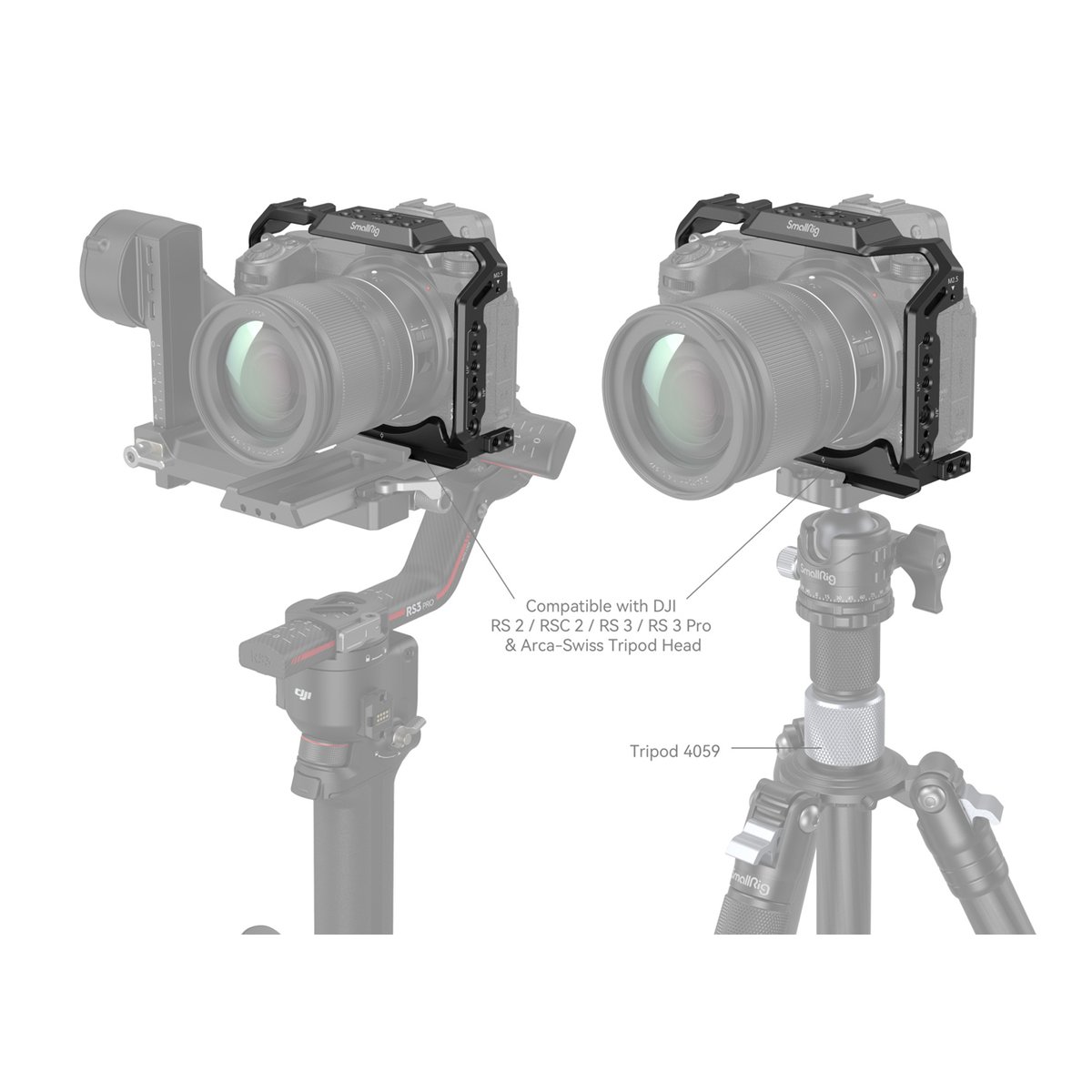 SmallRig 2926B Cage Nikon Z5/6/7/6II/7II - Montageoptionen des Kamerakäfigs an DJI RS3 Pro Gimbal und Arca-Swiss Stativkopf.