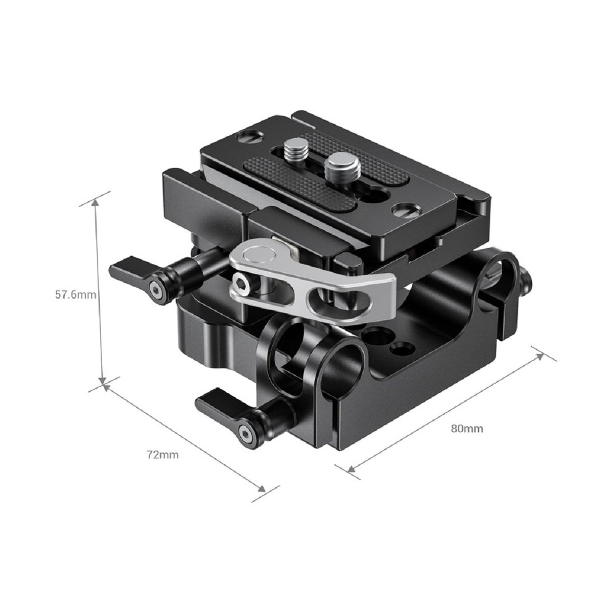SmallRig 2092B Universal Bodenplatte für 15 mm Rail-Support-System - Maßzeichnung der Kamerahalterung mit Schnellwechselplatte und Stangenklemmen.