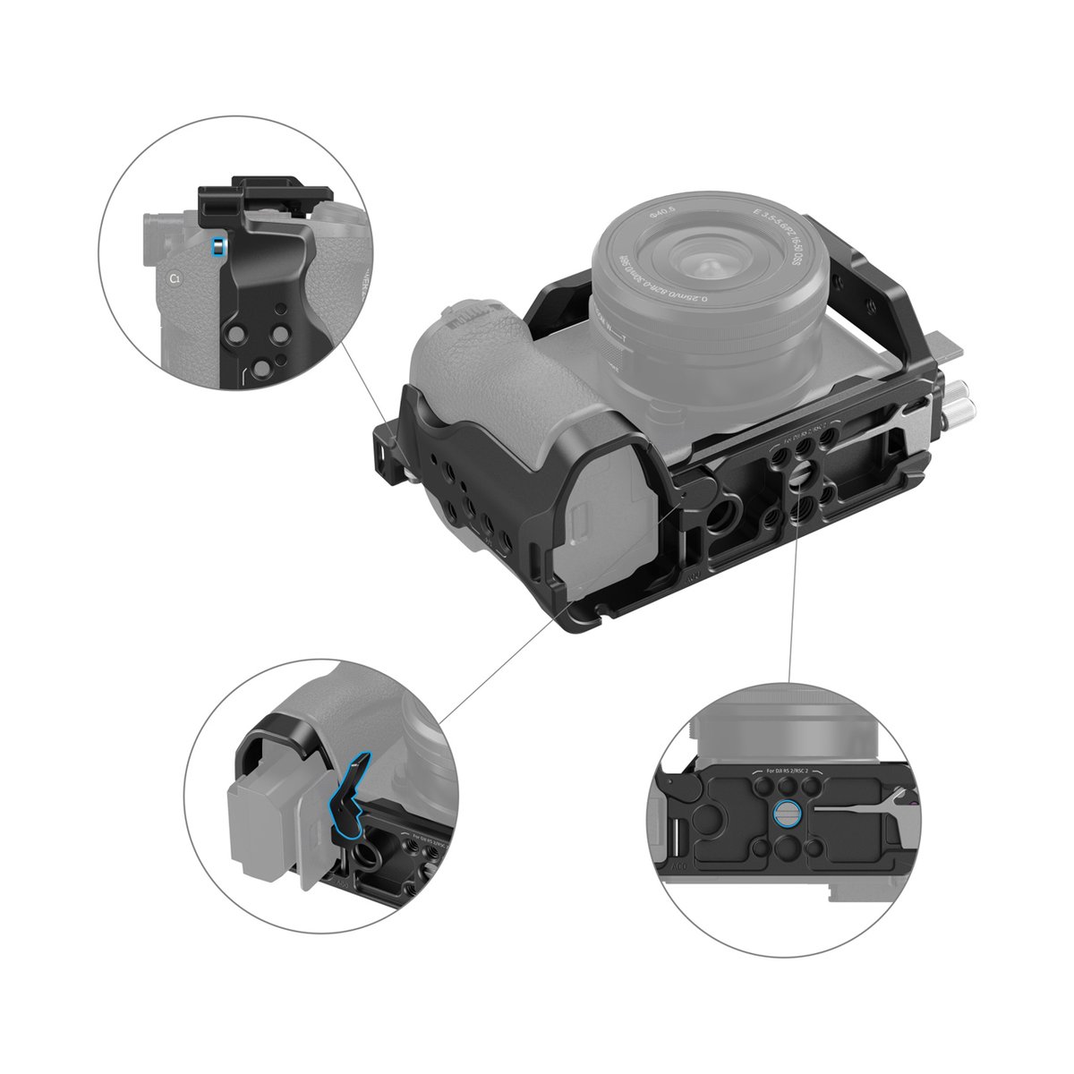 SmallRig 4336 Cage Kit für Sony Alpha 6700 - Kamerakäfig mit Detailansichten zur Befestigung am Blitzschuh, Zugang zum Batteriefach und Bodenplatte.
