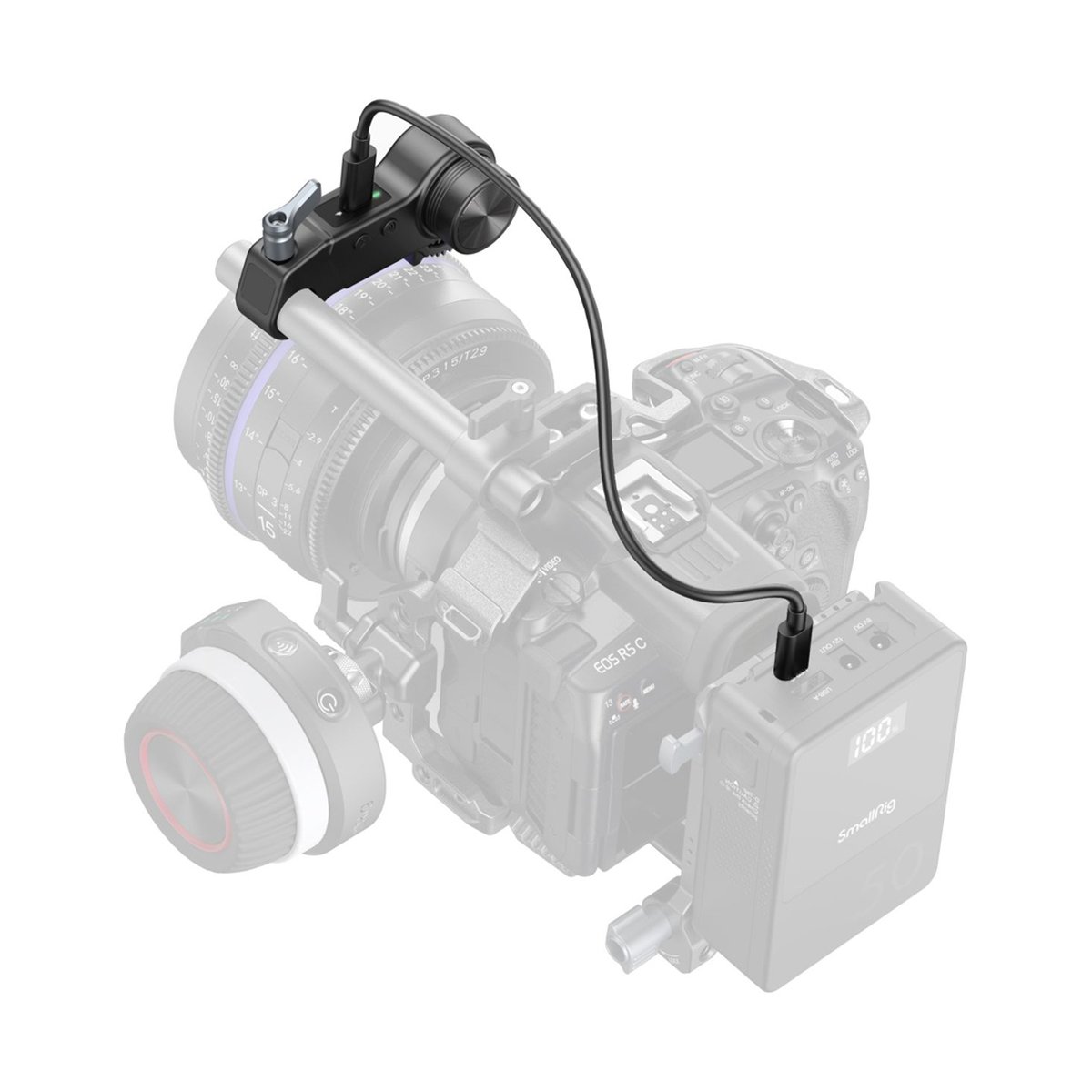 SmallRig 4297 drahtloser Empfänger-Motor (Lite) - Anwendungsbeispiel: Kabelloser Follow Focus an Kamera-Rig mit V-Mount Akku.