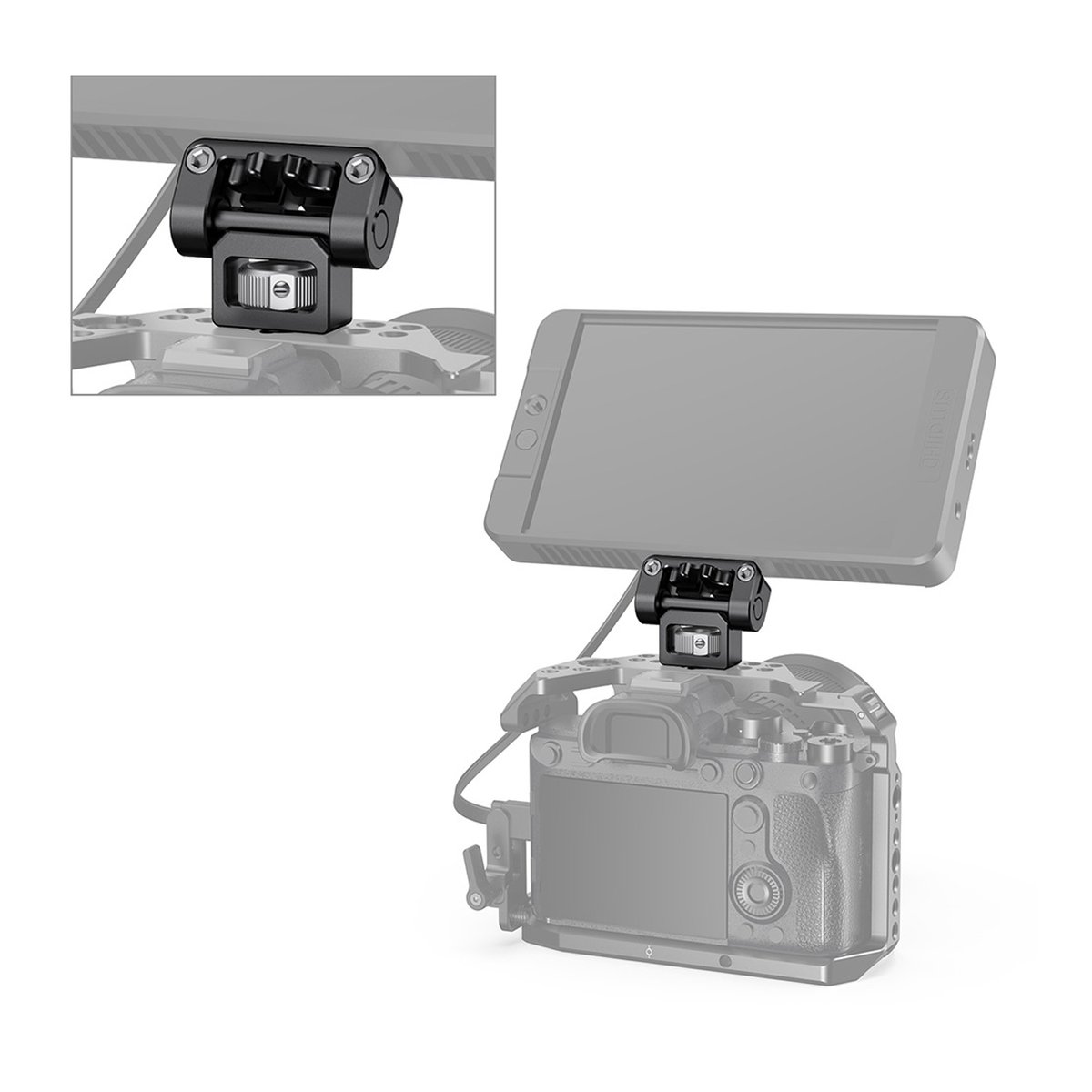 SmallRig 2174B Monitorhalterung mit ARRI 3/8"-16 Fixierschrauben - Anwendungsbeispiel: Monitorhalterung an Kamera mit externem Monitor. Inkl. Detailansicht des Gelenks.