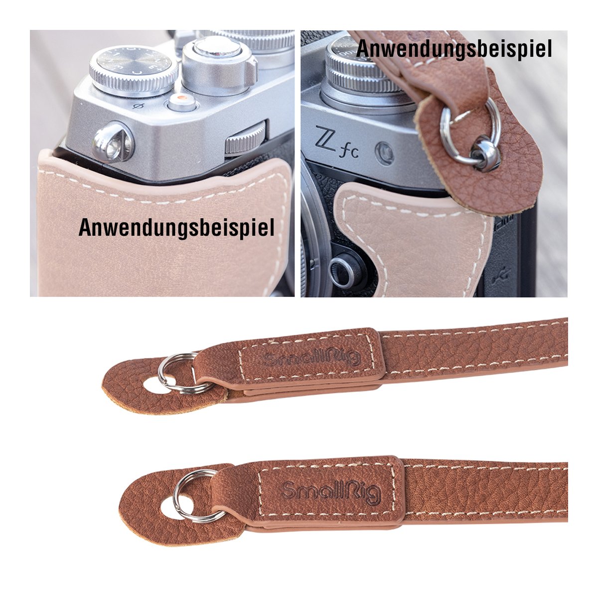 SmallRig 3485 Leder-Kameragurt - Anwendungsbeispiel an Kamera; Detailansicht der Leder-Befestigung mit SmallRig Logo