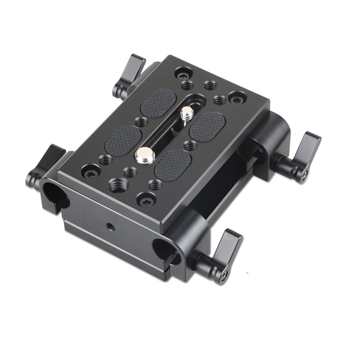 SmallRig 1798 Basisplatte m. 15mm Doppelklemme für schwere Kamera-Rigs - Schräge Ansicht einer schwarzen Kamera-Basisplatte mit Rod-Klemmen. SmallRig 1798 Basisplatte m. 15mm Doppelklemme für schwere Kamera-Rigs - Schräge Ansicht einer schwarzen Kamera-Basisplatte mit Rod-Klemmen.