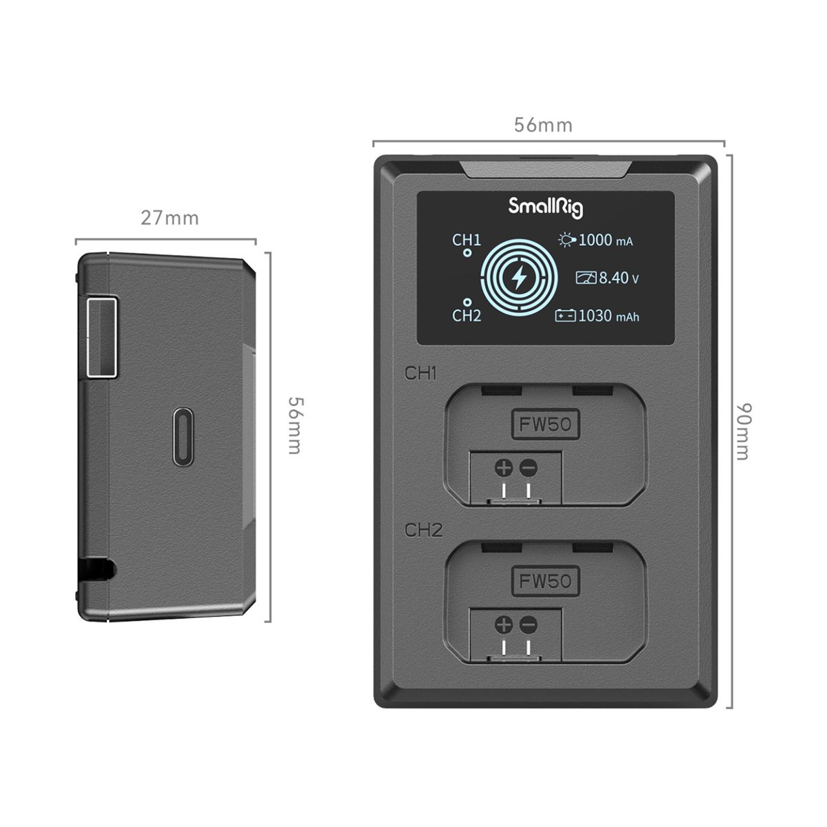 SmallRig 4081 NP-FW50 Akku Ladegerät - Ansichten und Maße des SmallRig Dual-Akkuladegeräts für FW50.
