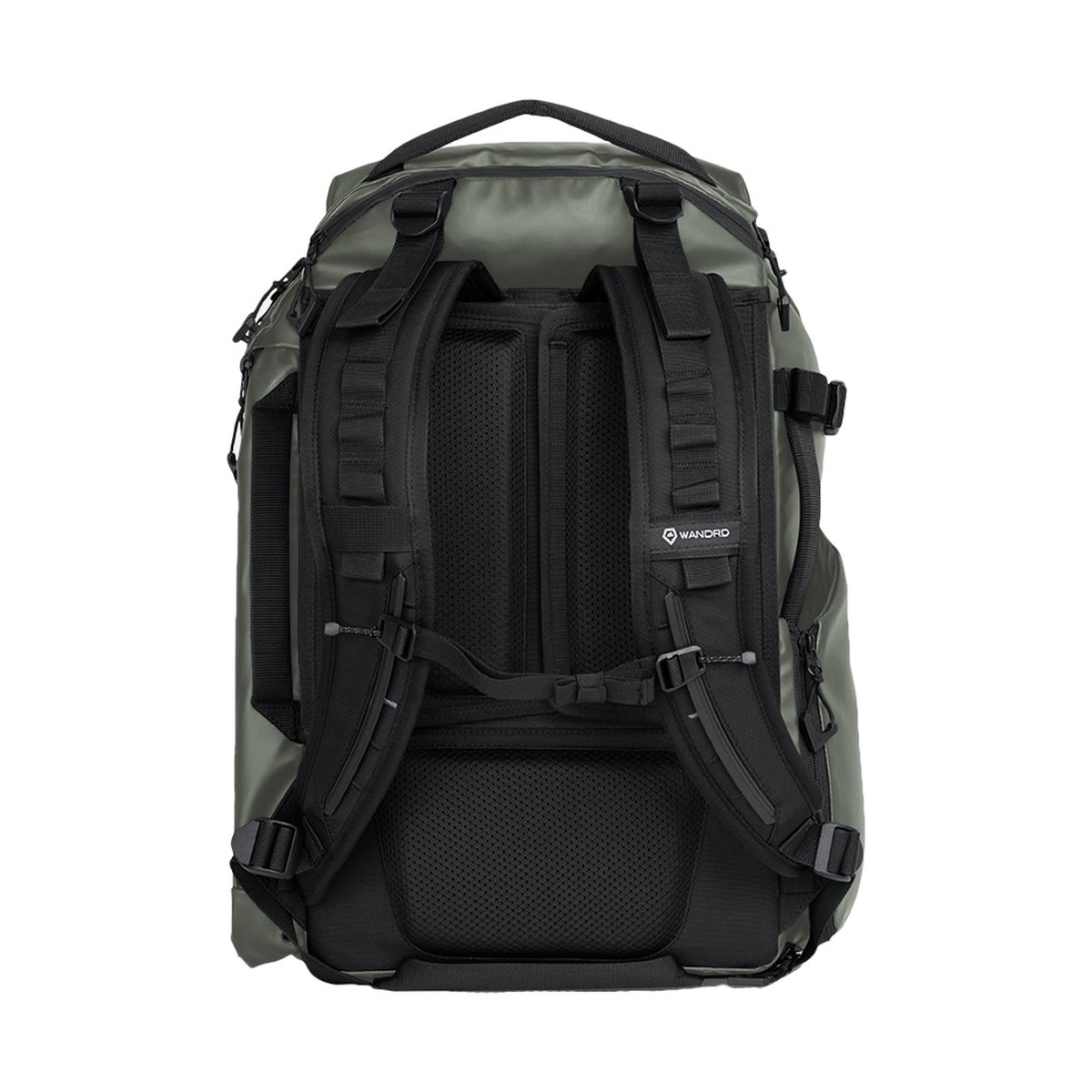 WANDRD Transit 35L Travel Backpack Wasatch Green Essential Bundle - Rückansicht des Rucksacks mit gepolsterten Schultergurten und atmungsaktiver Rückenpolsterung. WANDRD Transit 35L Travel Backpack Wasatch Green Essential Bundle - Rückansicht des Rucksacks mit gepolsterten Schultergurten und atmungsaktiver Rückenpolsterung.