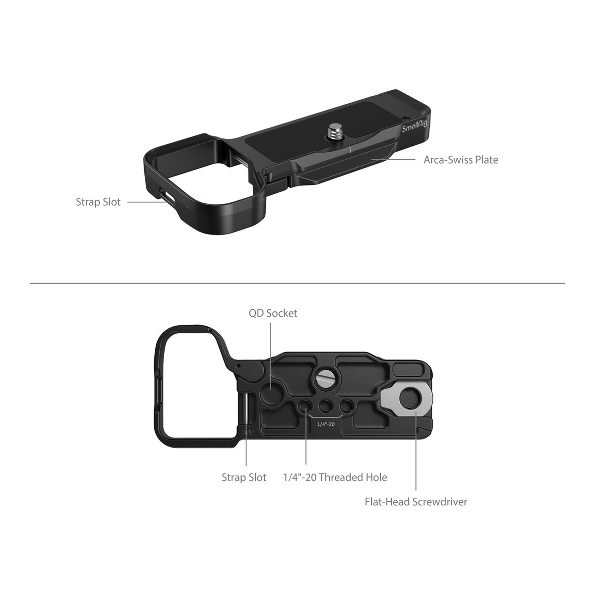 SmallRig 4314 Baseplate für Sony ZV-E1 - Produktmerkmale mit Beschriftung: Obere & untere Ansicht der Kamera-Basisplatte mit Arca-Swiss Platte, QD- & Gewindeanschlüssen.