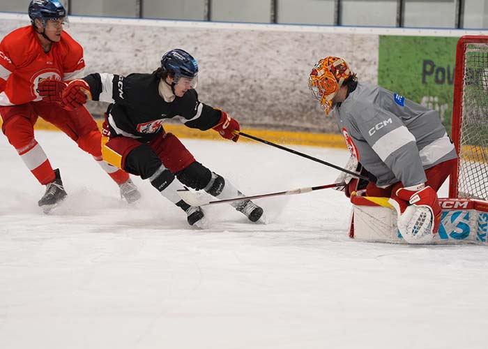 Eishockeyspieler im Zweikampf vor dem Tor – aufgenommen mit der Sony Alpha 7V