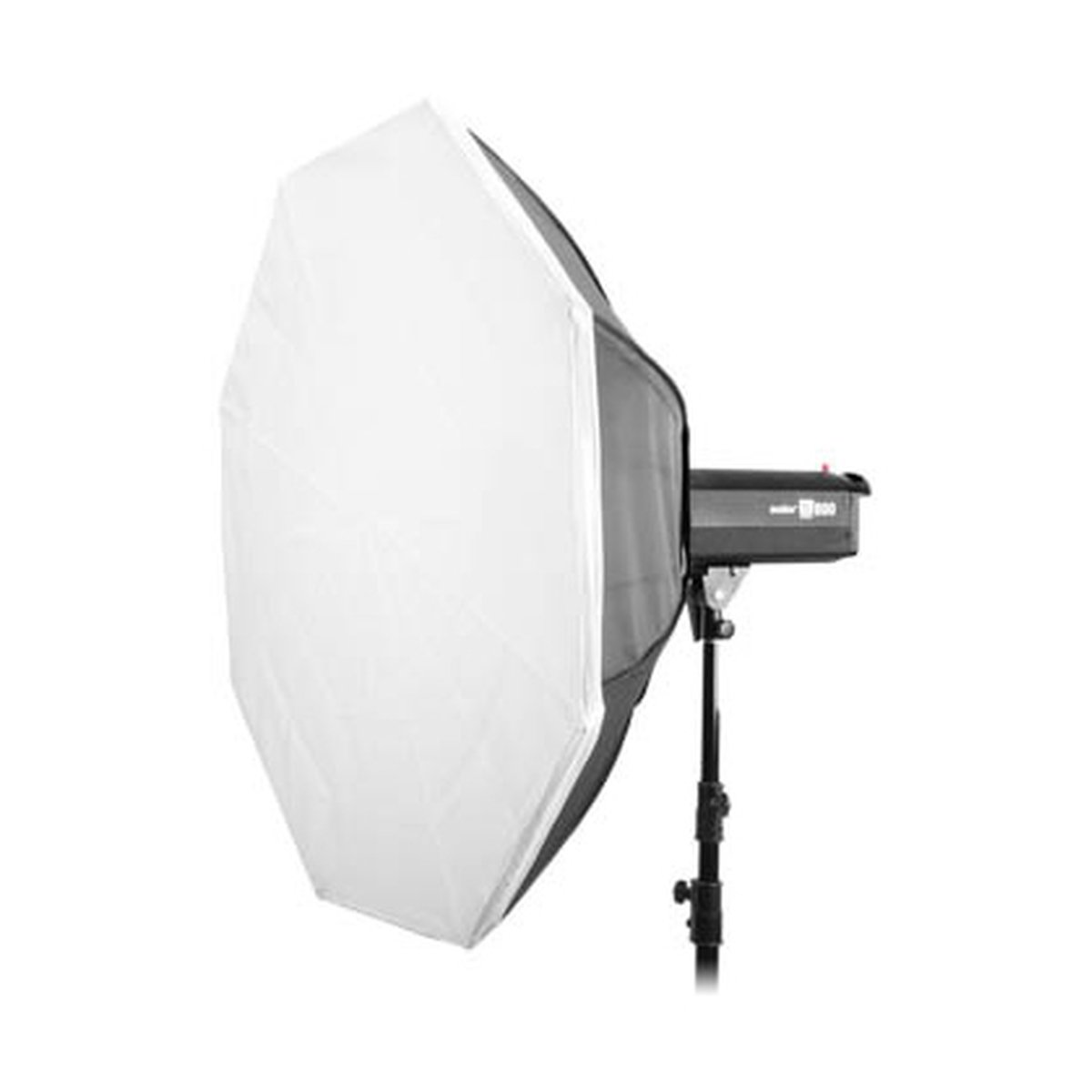 Godox Octa Softbox - 140cm - Seitenansicht des montierten Studioblitzes mit Octabox auf Stativ