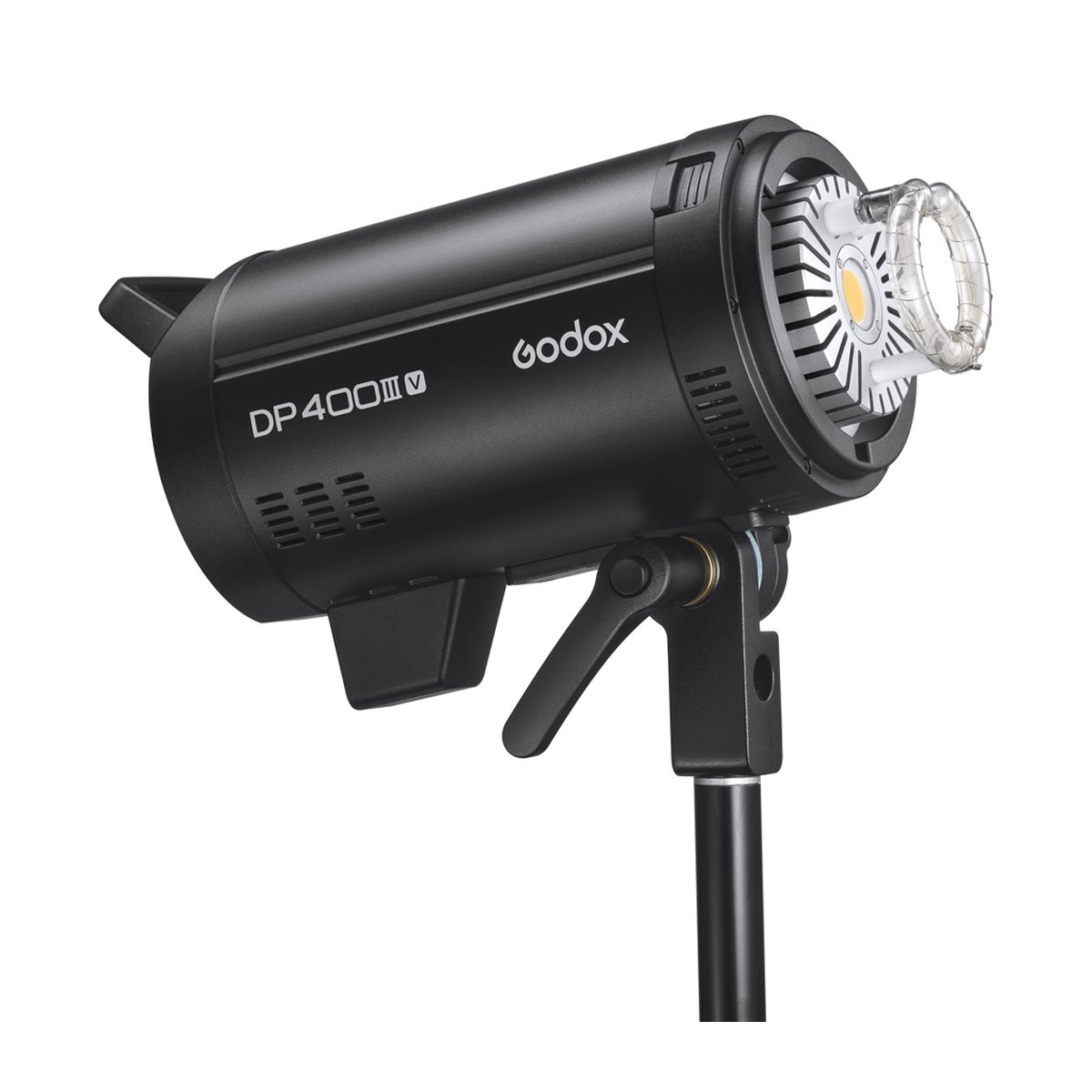 Godox DP400III-V Studio Flash - Ansicht des Godox DP400III V Studioblitzes von schräg vorne, mit Godox-Logo, Modellname und LED-Lampenkopf.