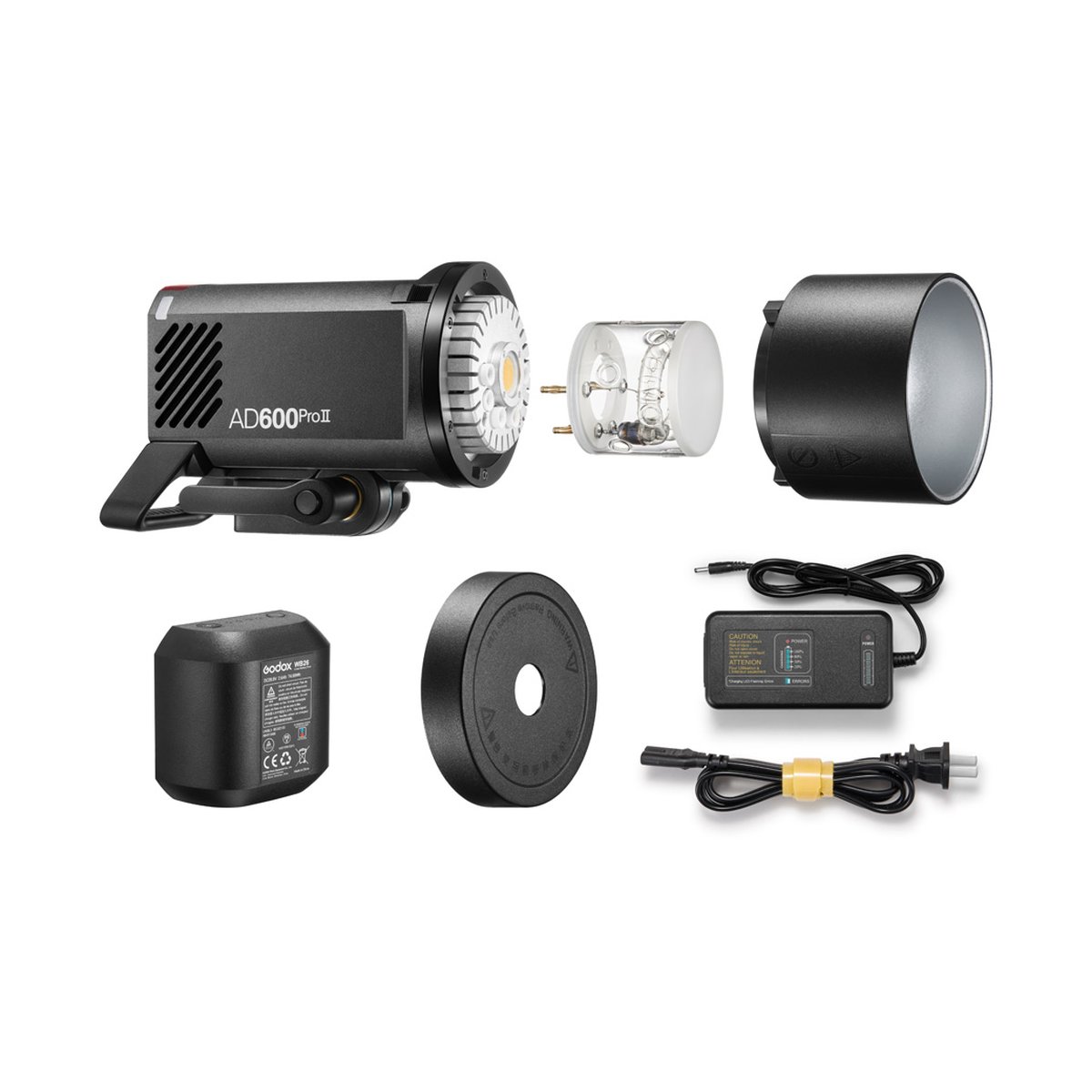 Godox Witstro AD600Pro II - Lieferumfang: Godox AD600ProII Studioblitzgerät in Einzelteilen mit Akku und Ladegerät.