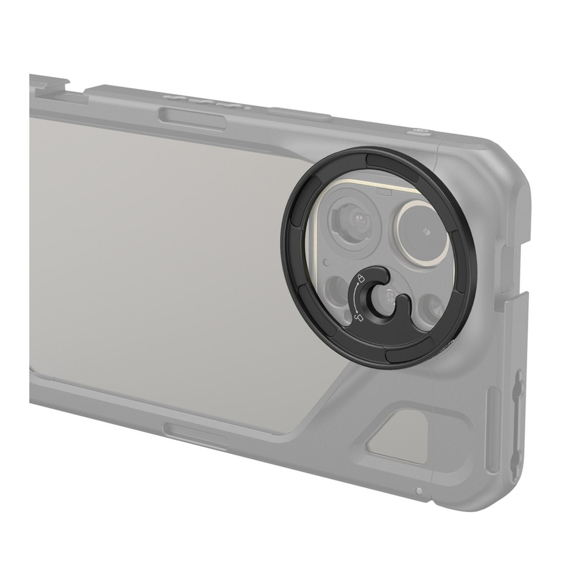 SmallRig 3840C Magnetic Filter Adapter Ring (M Mount) - Rückansicht: Kamera-Objektivadapter an grauer Smartphone-Hülle.