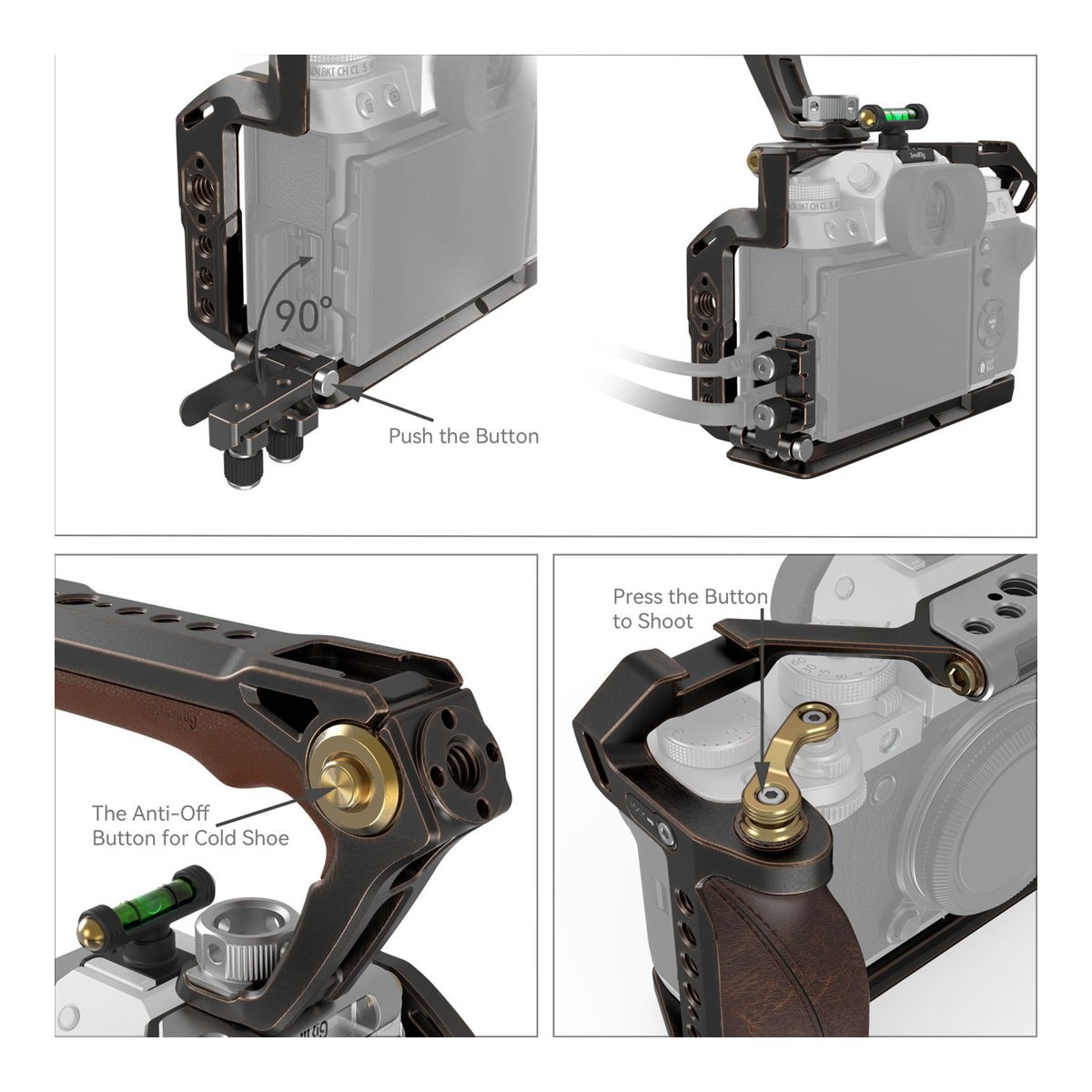 SmallRig 3872 Retro Handheld Cage Kit für Fujifilm X-T5 - ANWENDUNGSBEISPIEL: Kameracage mit drehbarem Griff und Details zu den Bedientasten.