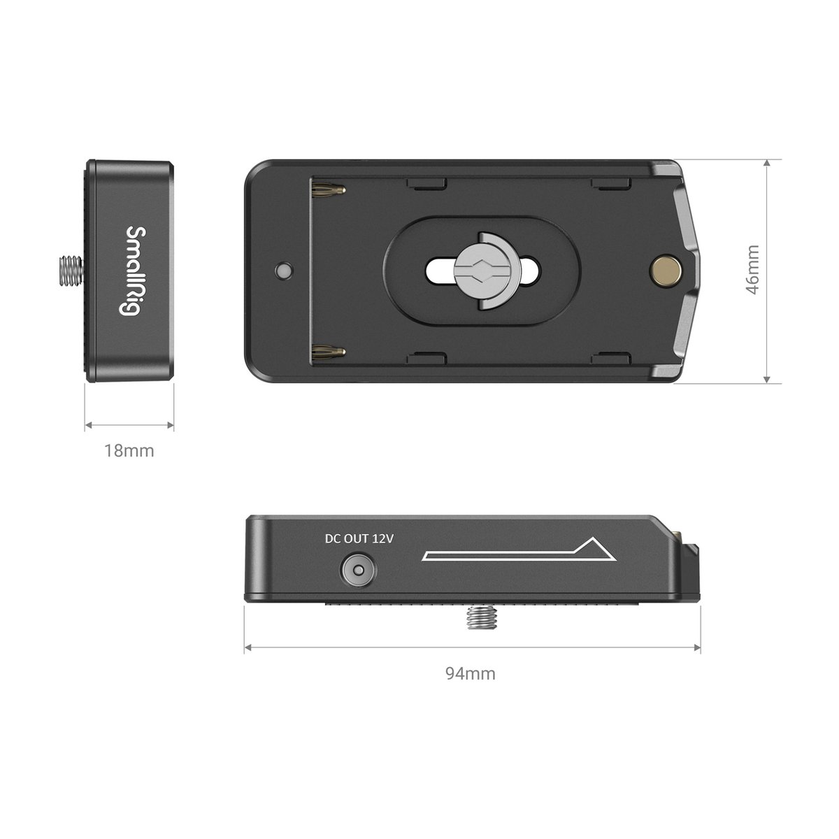 SmallRig 3018 NP-F Batterieadapterplatte - Technische Zeichnung mit Produktmaßen und verschiedenen Ansichten