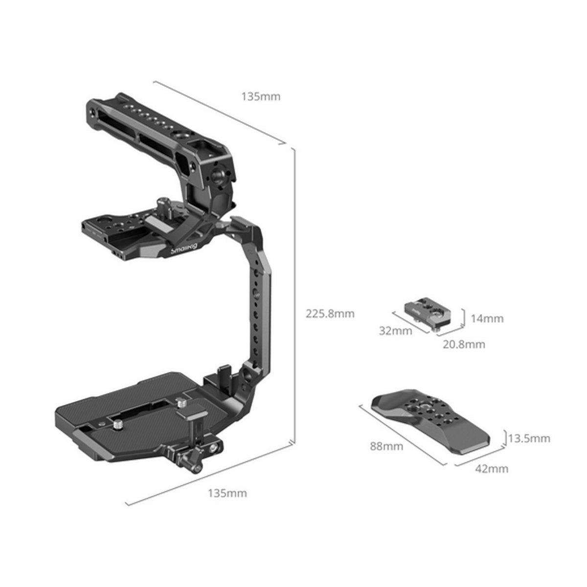 SmallRig 5136 Cage Kit für Canon EOS C80 - Lieferumfang: Kamerakäfig und Zubehörteile mit Abmessungen