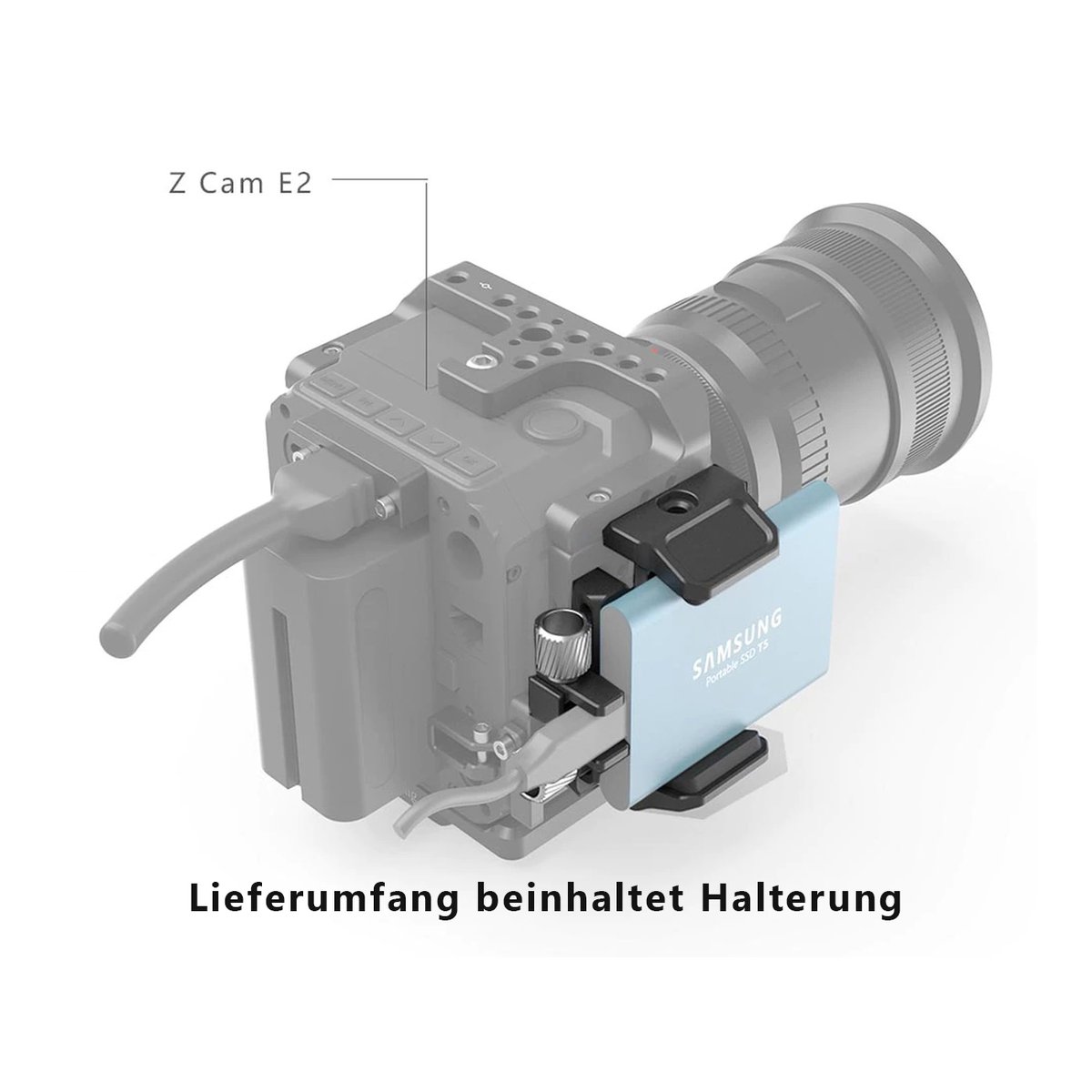 SmallRig 2343 Universal-Halterung für externe SSD - Anwendungsbeispiel: Halterung befestigt Samsung Portable SSD T5 an Z Cam E2 Kamera. Halterung im Lieferumfang enthalten.