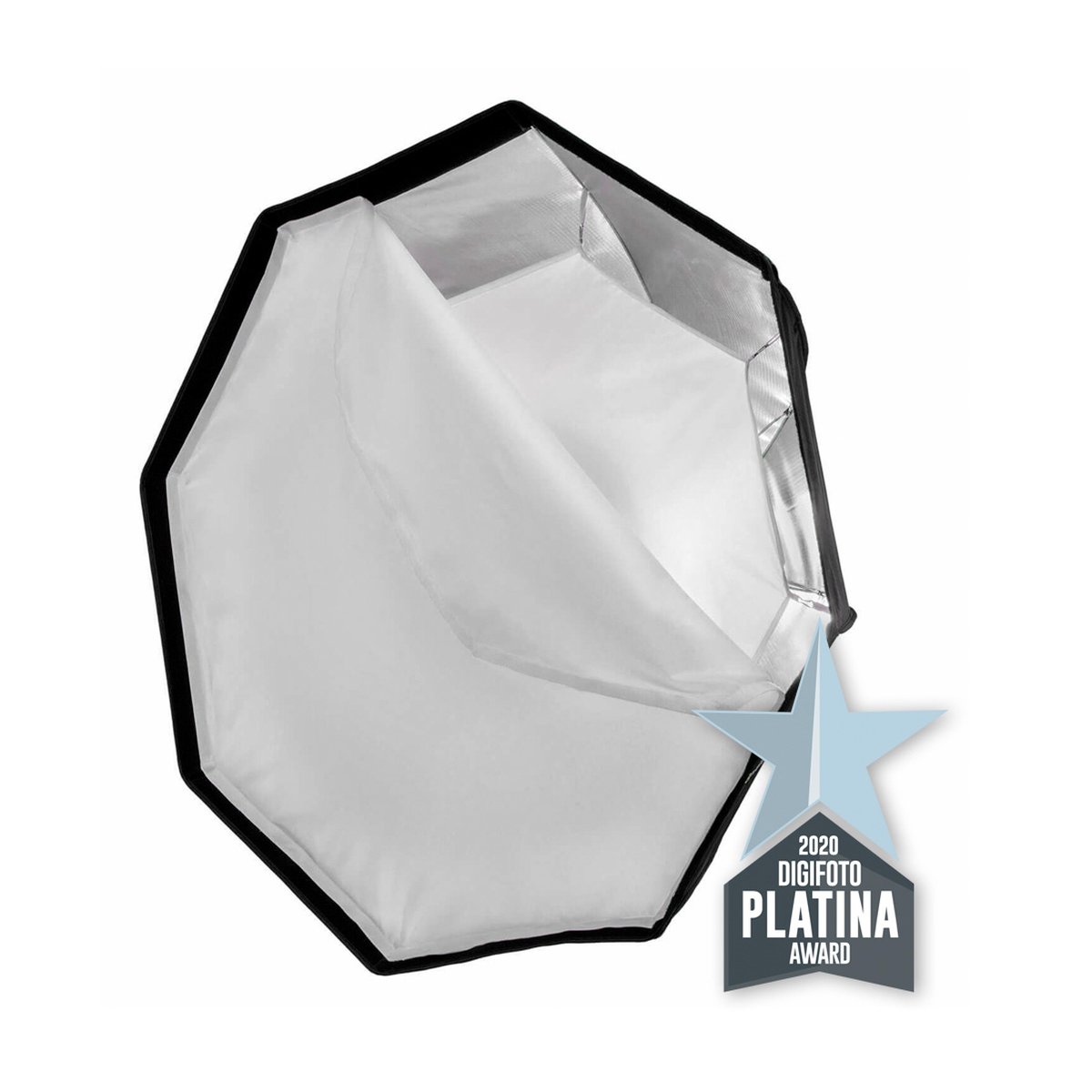 Caruba Quick Assembly Matte Silber Octabox 95cm - Achteckige Softbox: Innenansicht mit geöffnetem Diffusor und Digifoto Platina Award