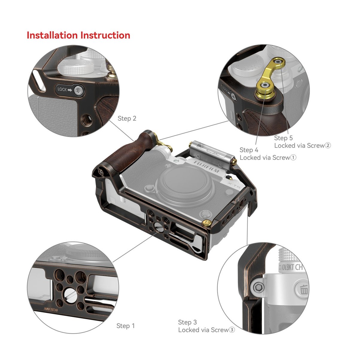 SmallRig 3870 Retro Cage für Fujifilm X-T5 - Montageanleitung für Kamerakäfig mit Detailansichten der Schritte. SmallRig 3870 Retro Cage für Fujifilm X-T5 - Montageanleitung für Kamerakäfig mit Detailansichten der Schritte.