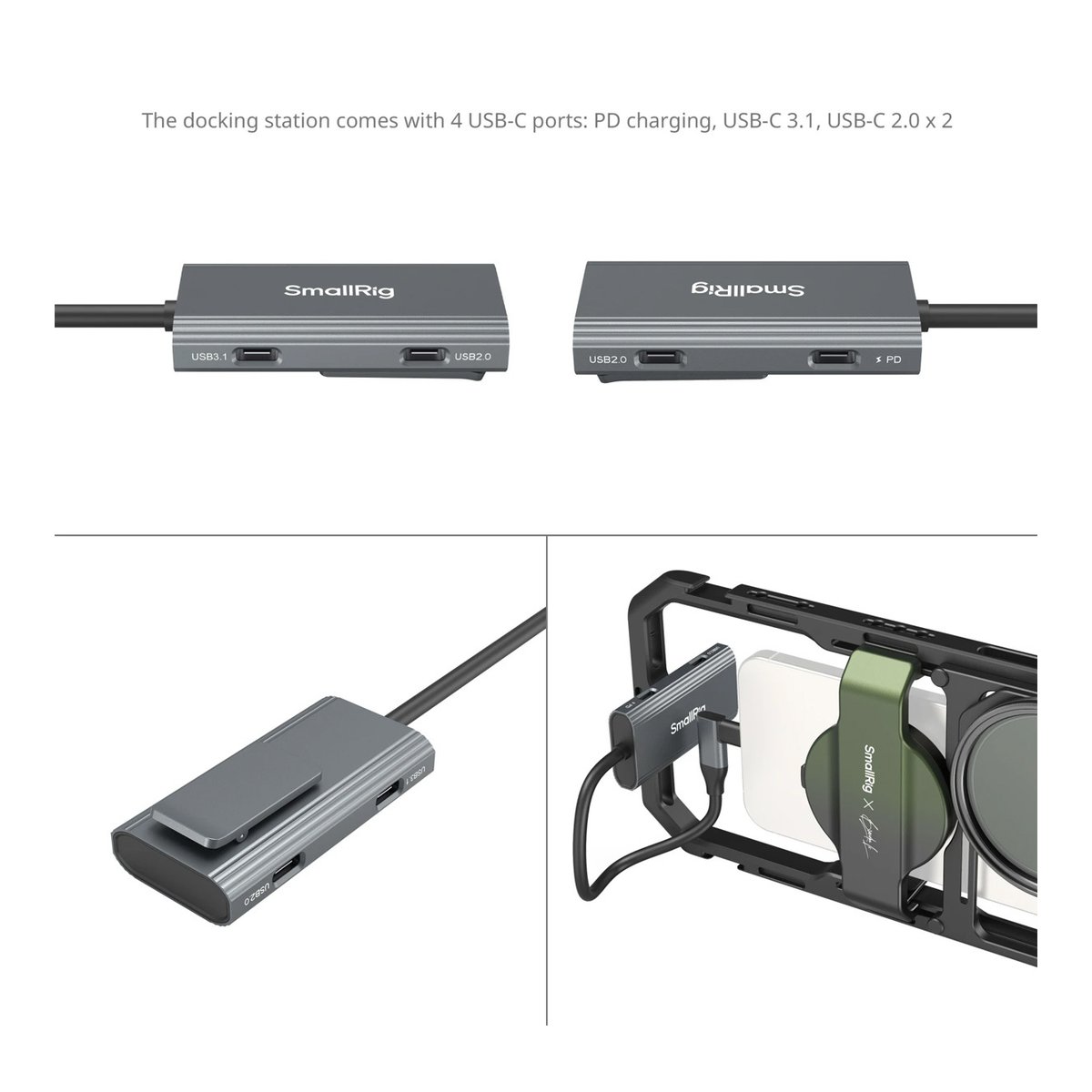 SmallRig 4596 All-In-One Mobile Video Kit Co-Design Edition - USB-C Hub: Detailansichten der Anschlüsse (USB 3.1, 2.0, PD) und Einsatz am Smartphone-Rig.