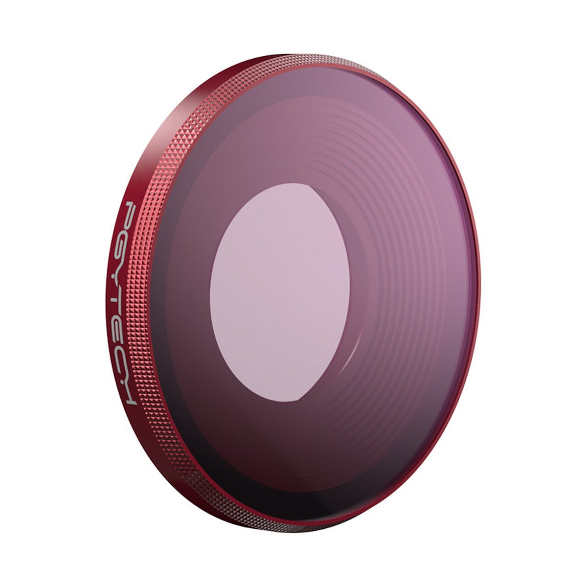 PGYTECH OSMO ACTION 3 UV Filter (Professional) - Nahaufnahme eines runden PGYTECH Kamerafilters mit rotem Rahmen und lila getöntem Glas.