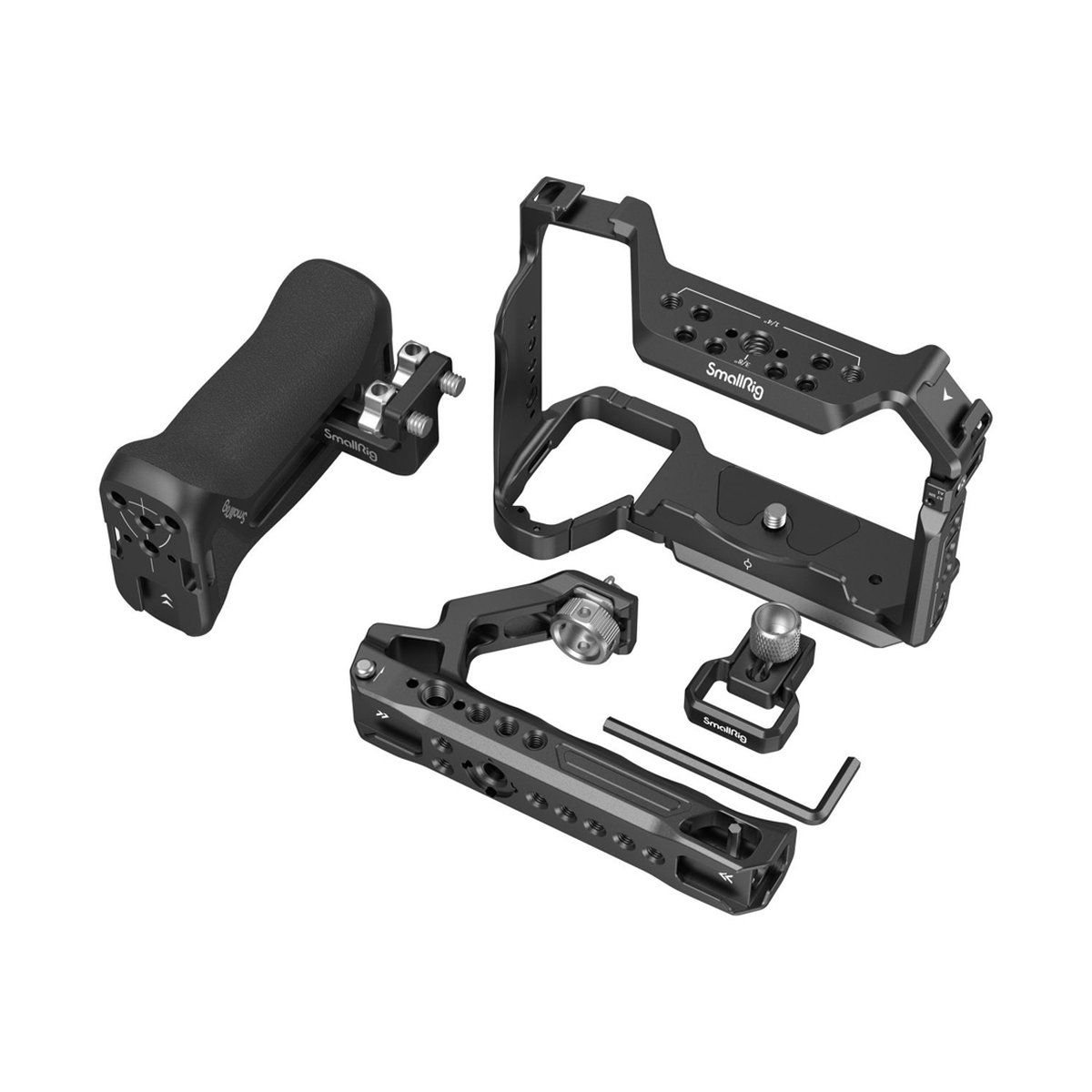 SmallRig 3669C Advanced Kit für Sony Alpha 7R V / 7 IV / 7S III - Lieferumfang: Verschiedene Einzelteile eines SmallRig Kamera-Käfigs und Zubehör, separat auf einem weißen Hintergrund.