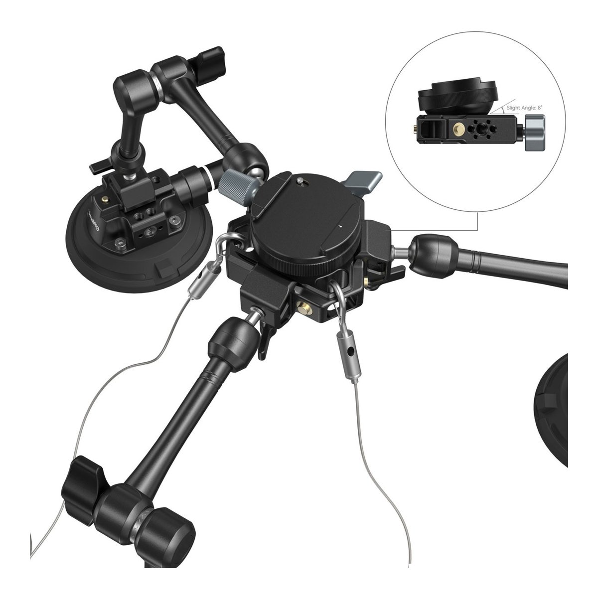 SmallRig 3565B SC-15K 4-Arm Saugnapf-Kamerahalterung Kit - Kamera-Saugnapf-Befestigungssystem mit Gelenkarmen und Detailansicht des Hubs mit 8°-Winkel.
