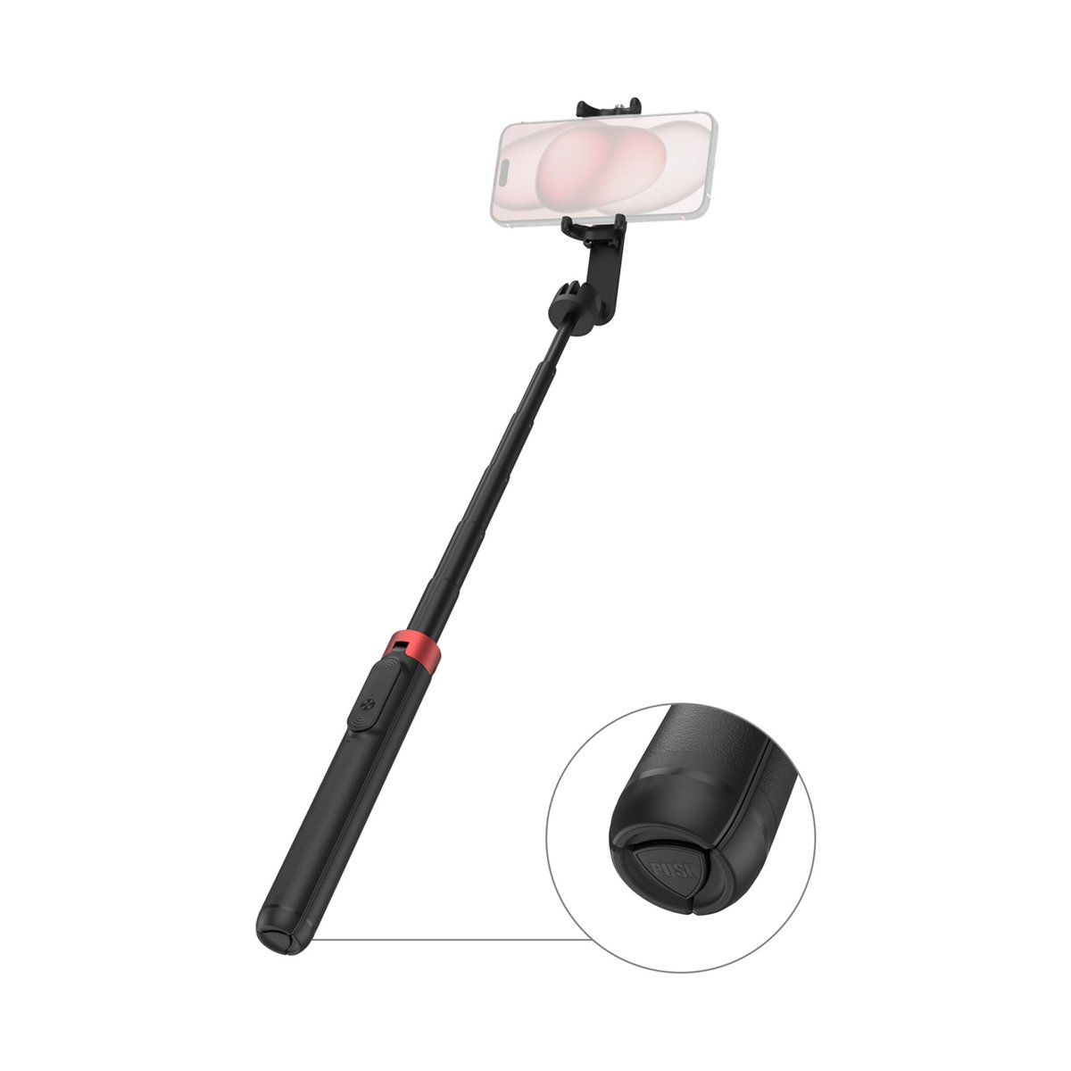 SmallRig 4729 ST-25 Pro schwarz Selfie Stick Stativ - Selfie Stick mit Smartphone, ausgezogen, und Detailansicht des Griffs mit PUSH-Taste