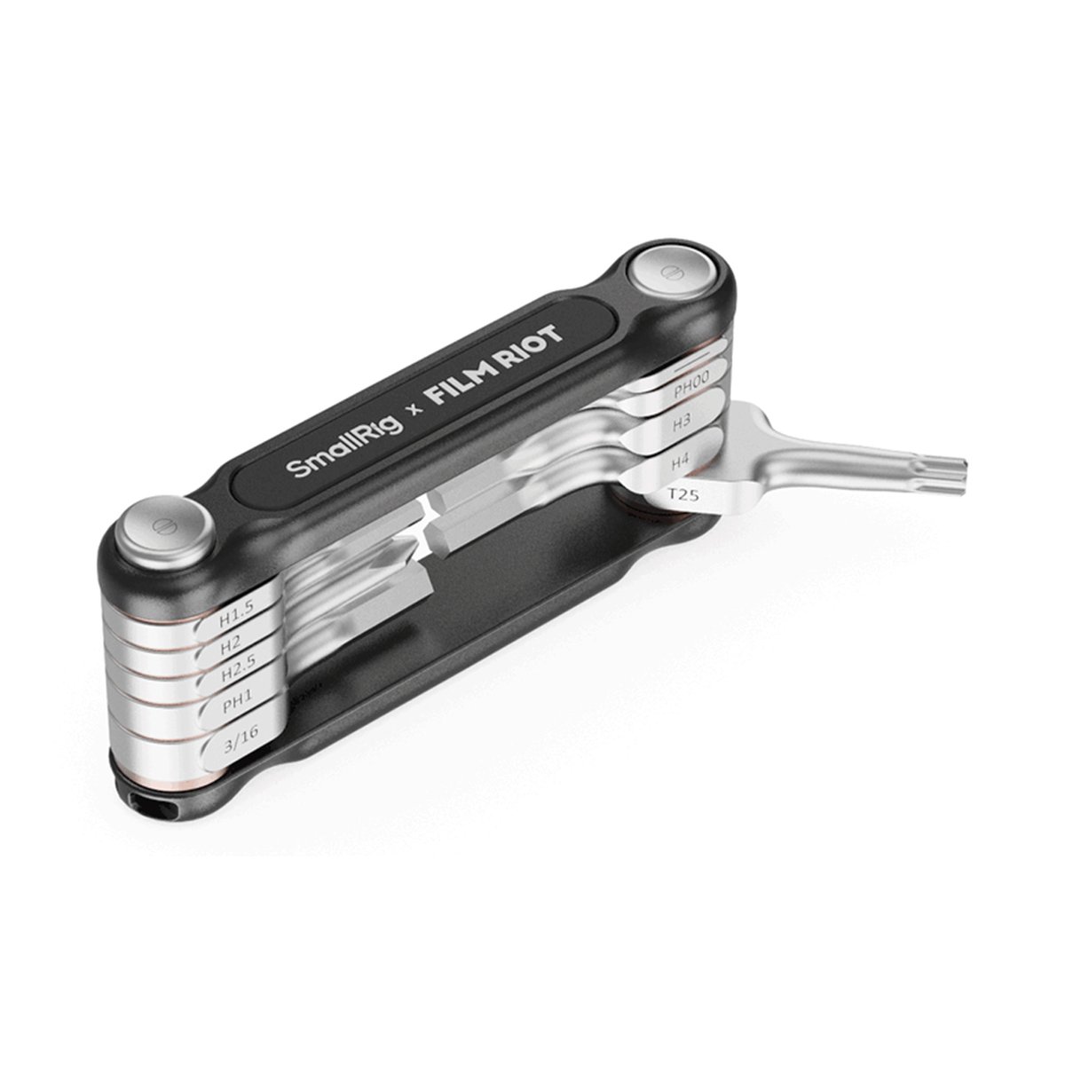 SmallRig x FILM RIOT 4375 10-in-1 Black Folding Wrench Set (Multiple Angle Pos.) - Produktansicht SmallRig x Film Riot Multifunktionswerkzeug mit ausgeklappten Inbusschlüsseln und Schraubendreher-Bits.