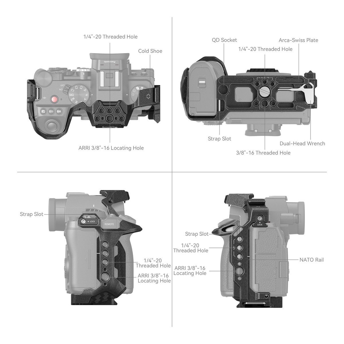 SmallRig 4023 Cage Black Mamba für Panasonic Lumix G9 II, S5 II, S5 IIX - Detailansichten: Kamera-Cage mit Kamera, vier Perspektiven (oben, unten, links, rechts) mit beschrifteten Anschlüssen.