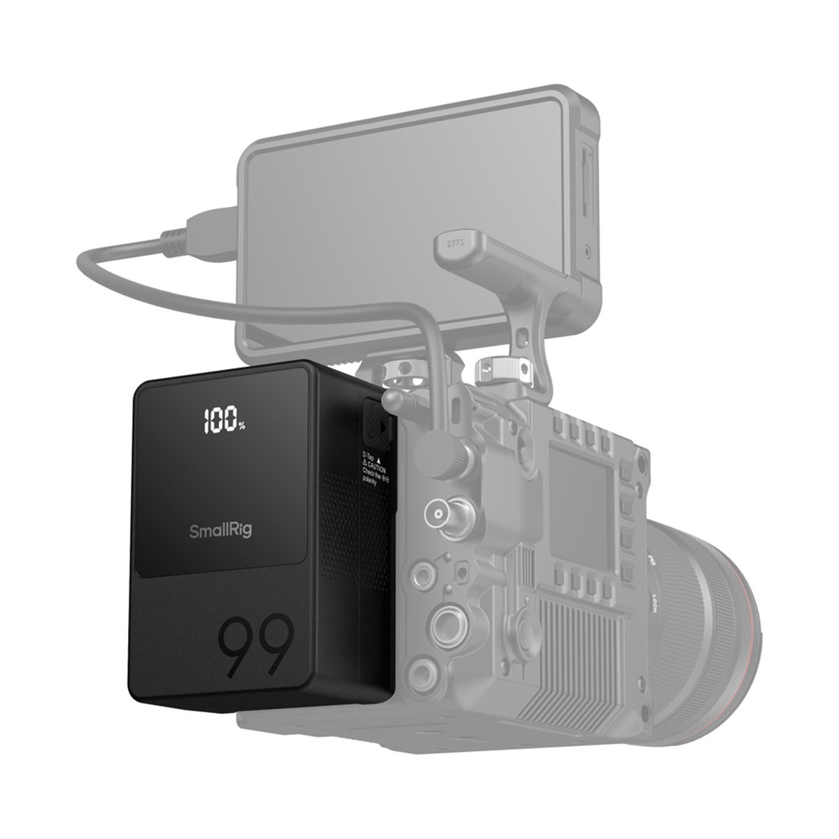 SmallRig 3580B VB99 mini V-Mount Akku - Anwendungsbeispiel: SmallRig Powerbank 99 an Kamerasetup montiert, zeigt 100% Ladung.