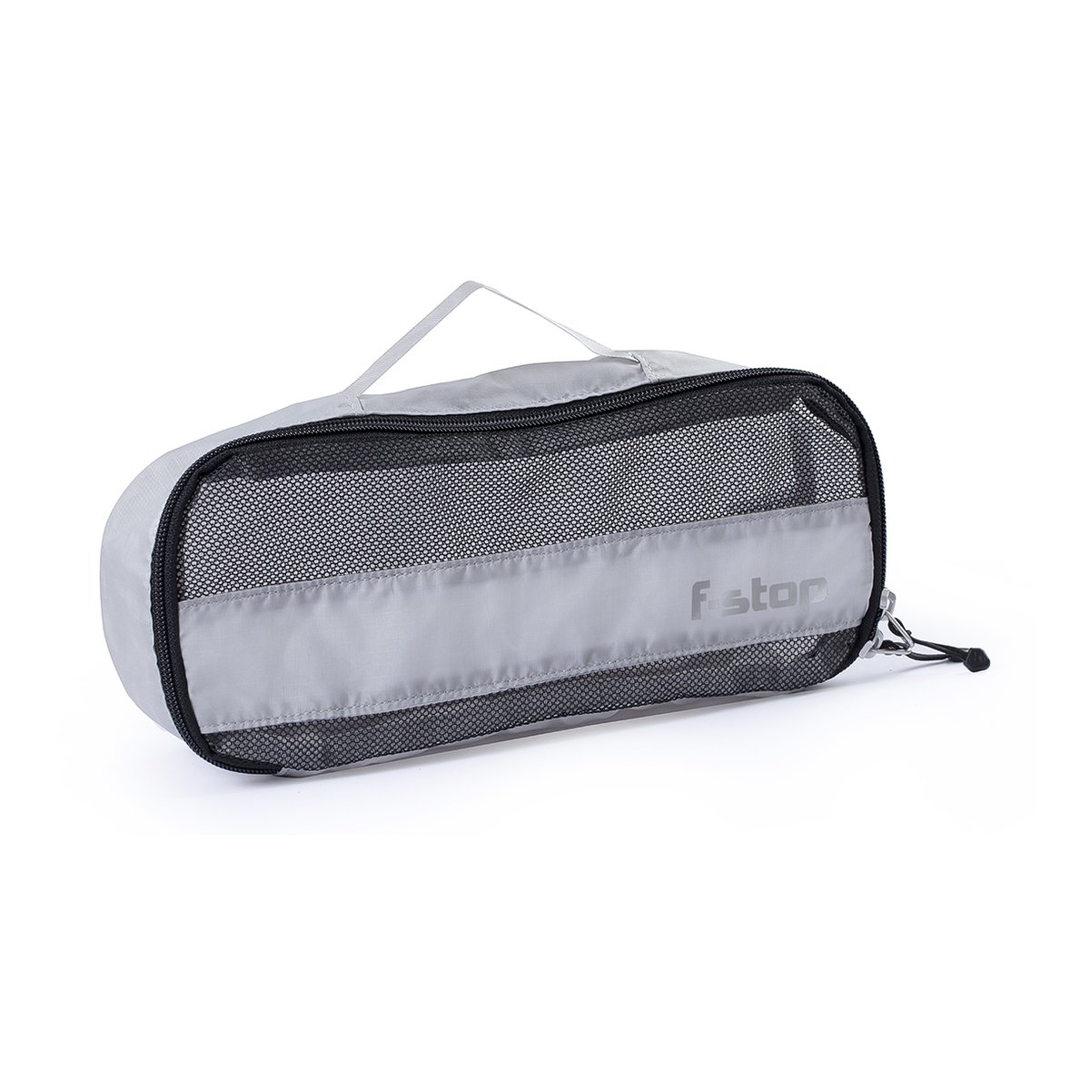 F-Stop Packing Cell Kit Grau - Frontansicht der grauen Meshtasche mit Reißverschluss und Trageschlaufe.