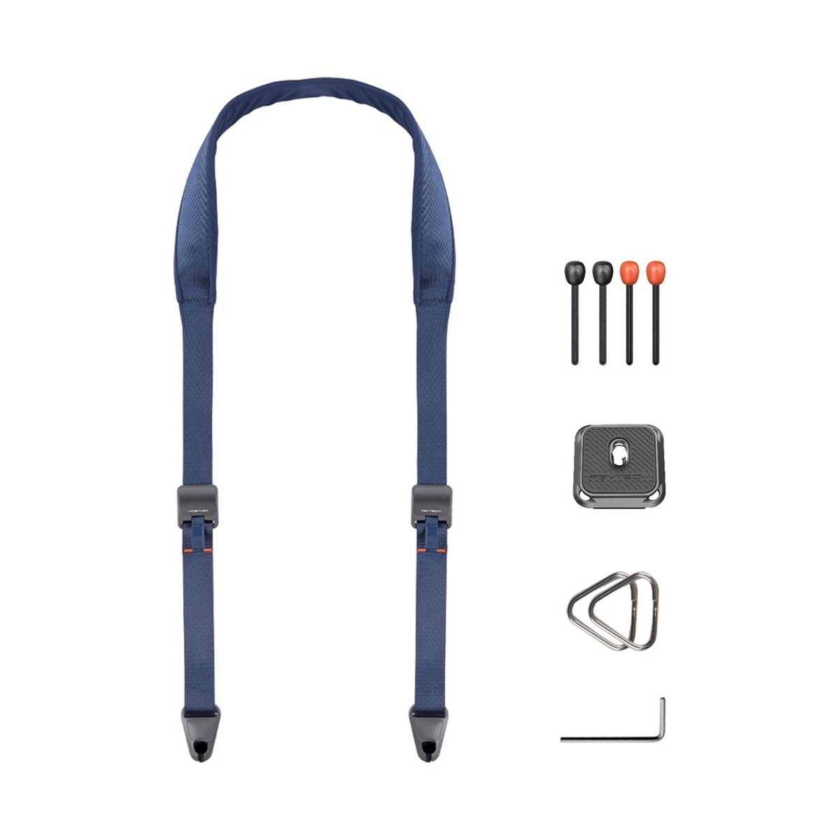PGYTECH Camera Shoulder Strap(Dark Blue) - Lieferumfang: Blauer Kameragurt, Schnellwechselplatte, 4 Befestigungsschrauben, 2 D-Ringe und Inbusschlüssel auf Weiß.