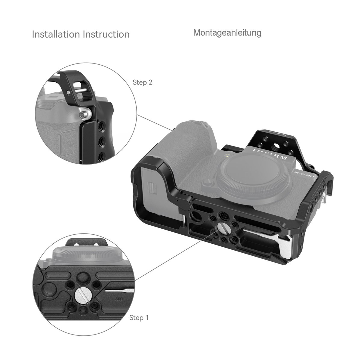 SmallRig 4230 Cage für Fujifilm X-S20 - Montageanleitung Kamerakäfig. Detailansichten der Befestigung an der Kamerabasis und an der Seite (Schritt 1 & 2).