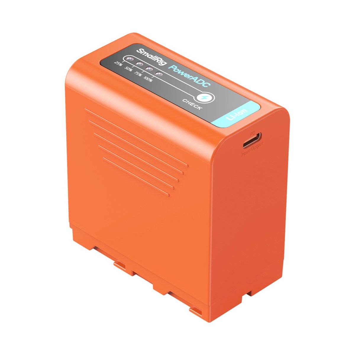 SmallRig 4972 NP-F970 USB-C Rechargeable Camera Battery (Orange) - Winklige Ansicht des orangefarbenen SmallRig PowerADC Akkus, mit Ladeanzeige und PD-Anschluss.
