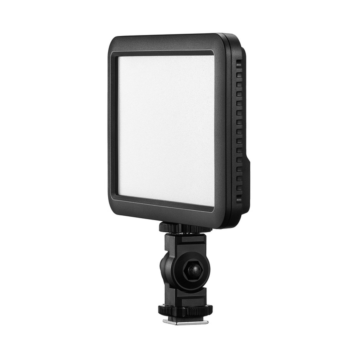 Godox LDP8Bi Streaming Slim Panel Light - Eingeschaltete LED-Videoleuchte mit Blitzschuhadapter, schräge Frontansicht.